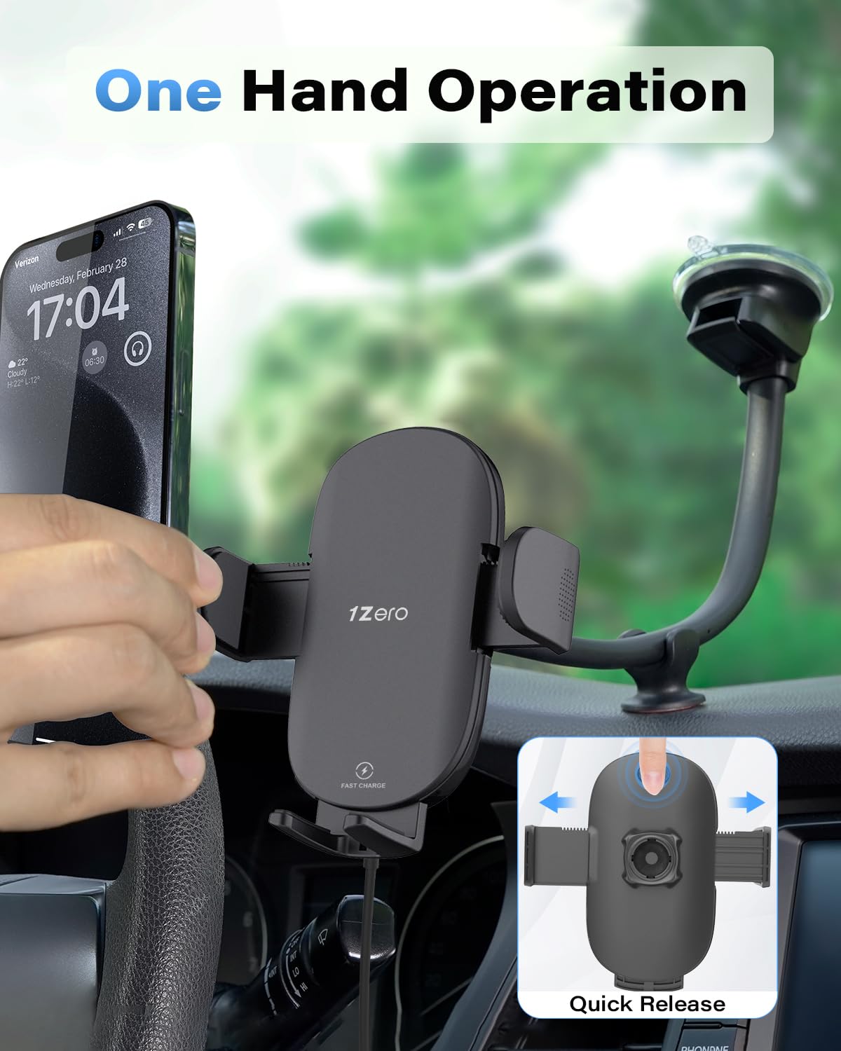 1Zero Solid Car Truck Phone Mount Wireless Charger Holder With 14-Inch Gooseneck Long Arm For Iphone 15 Pro Max Plus 14 13 12 11