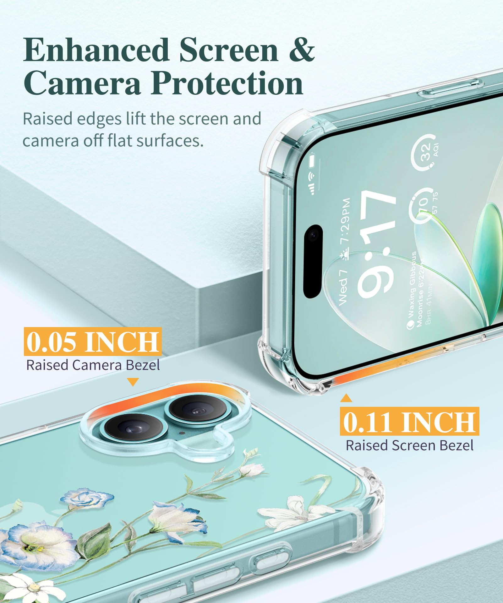 Gviewin For Iphone 16 Case, With Screen Protector & Camera Lens Protector, Floral Shockproof Protective Bumper Slim Soft Clear P