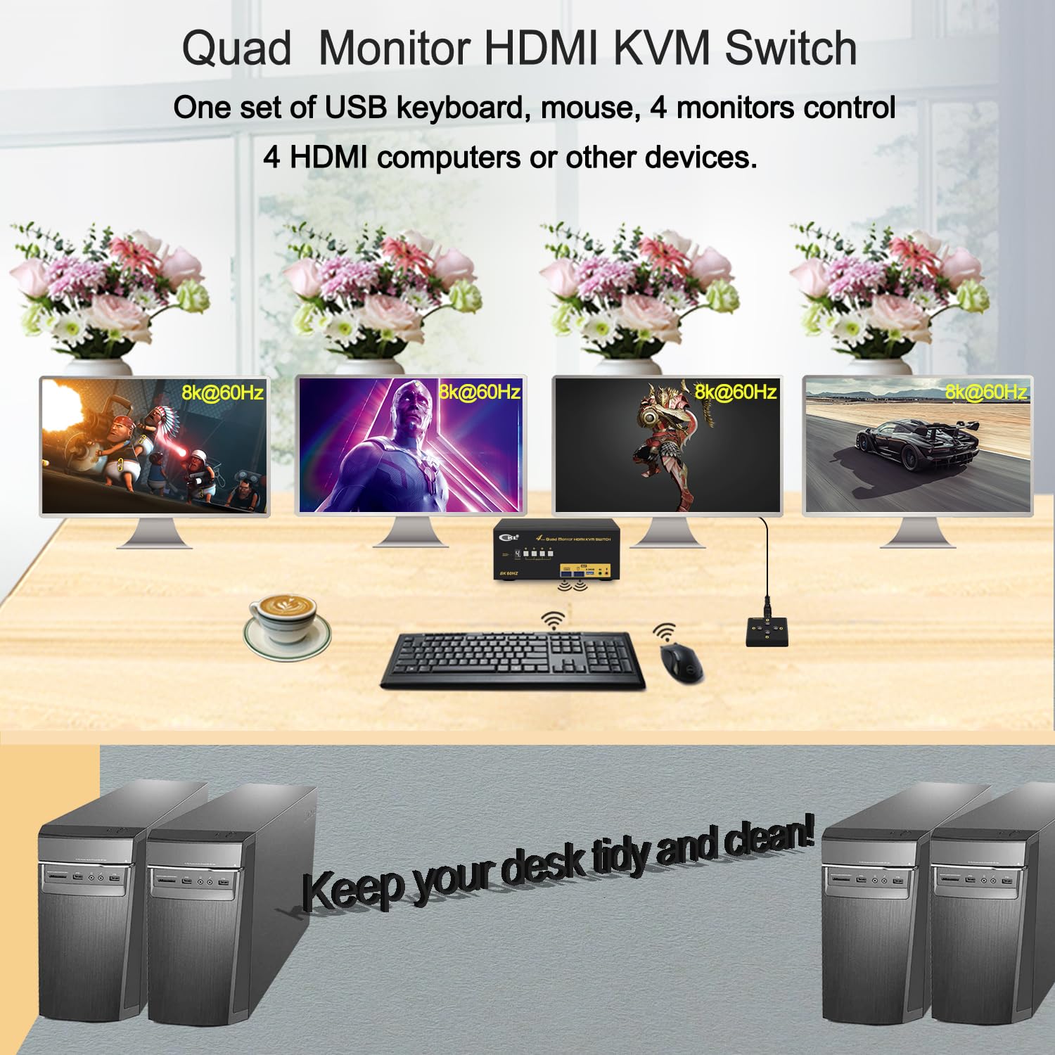 Ckl 4 Port Quad Monitor Usb 3.0 Kvm Switch Hdmi 2.1 8K 60Hz 4K 120Hz 144Hz With Edid For 4 Computers 4 Monitors (944Hua 5)