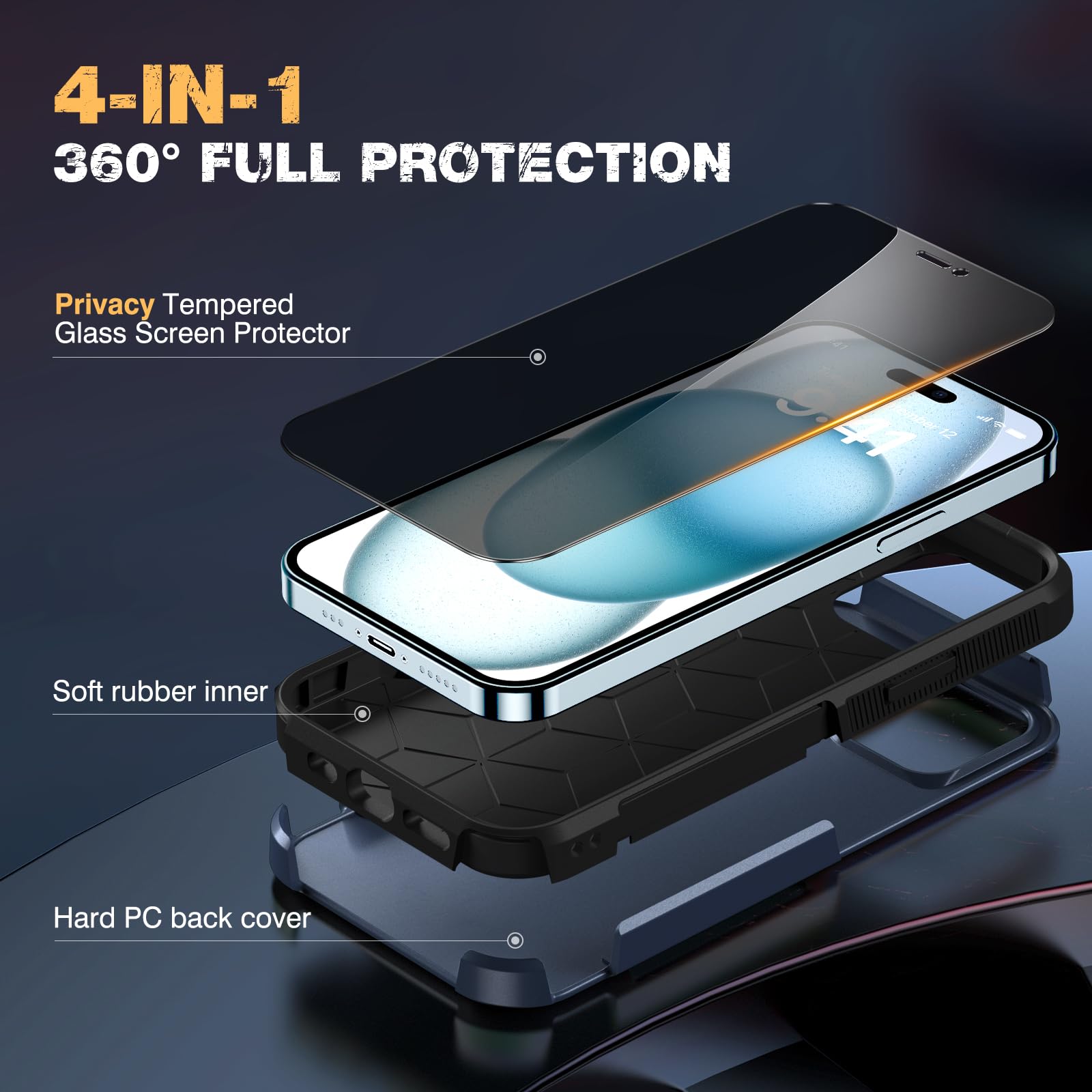 Diaclara Designed For Iphone 15Plus Case, [With Privacy Screen Protector] [Anti Spy] [Military Grade Drop Protection] Heavy Duty