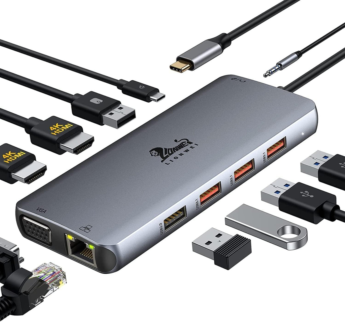 Lionwei 11 In 1 Usb C Laptop Docking Station Dual Monitor, Dual 4K Hdmi+Vga, 3 * 10Gbps Usb 3.1, Pd, Ethernet, Audio/Mic, Usb C Hub For Dell/Surface/Hp/Lenovo Laptops