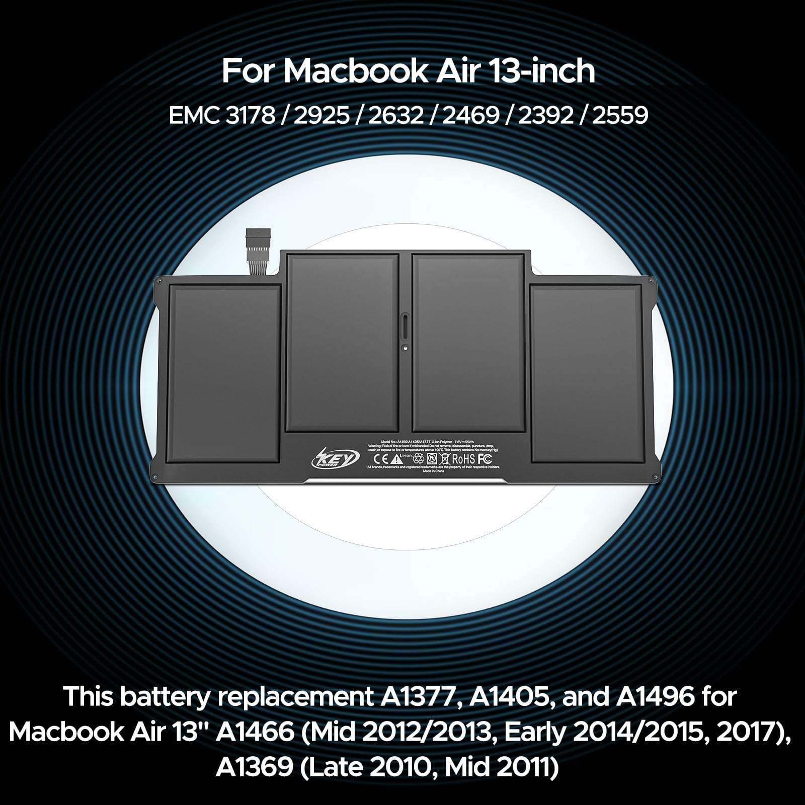 Key Power A1466 Battery, 13 Inch Macbook Air Battery Replacement For A1466 (Mid 2012/2013, Early 2014/2015, 2017), A1369 (Late 2
