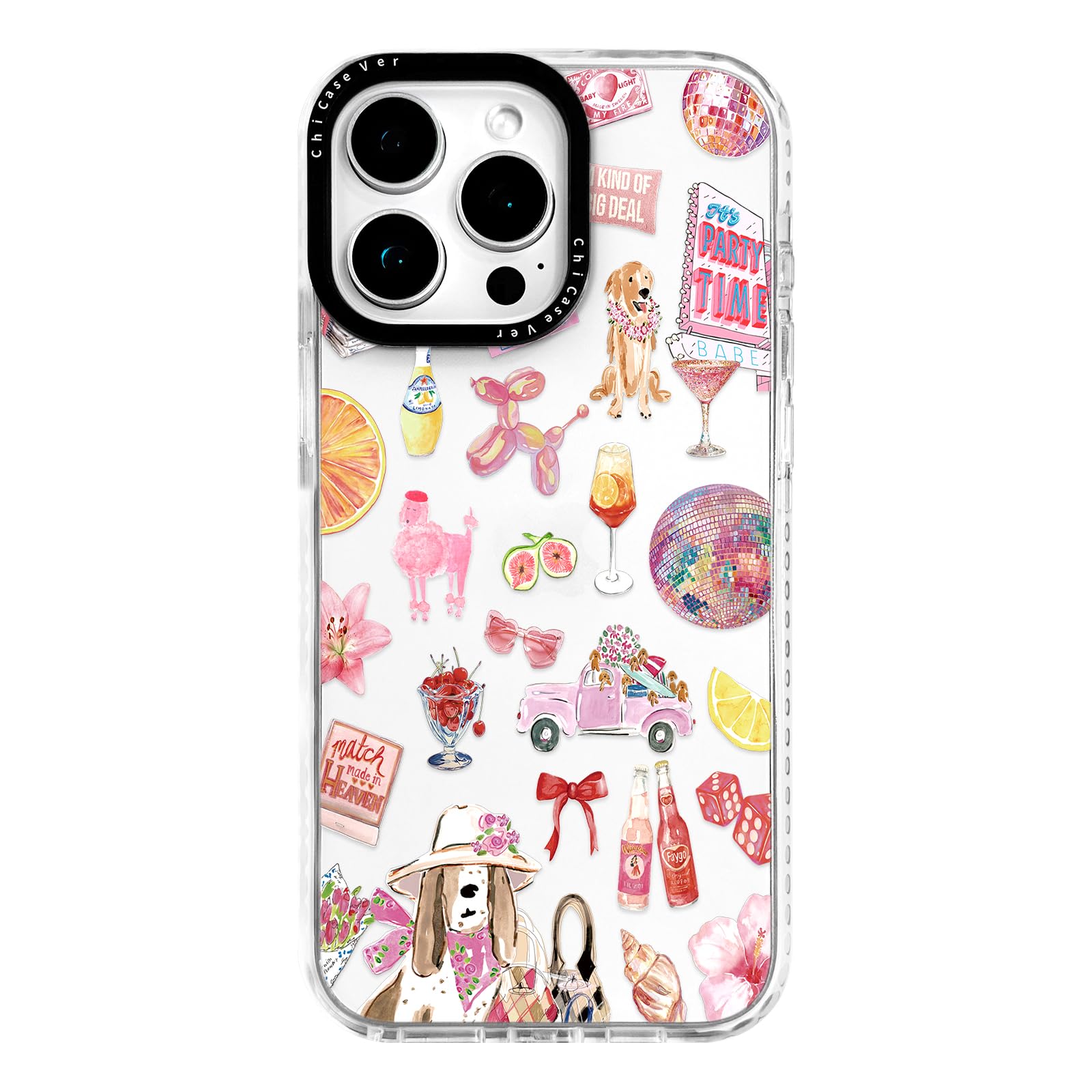 ChiCaseVer for iPhone 15 Pro Max Case, Party Time Collage Pattern with Girly Pink Cocktails, Military-Grade Drop Protection, Gir