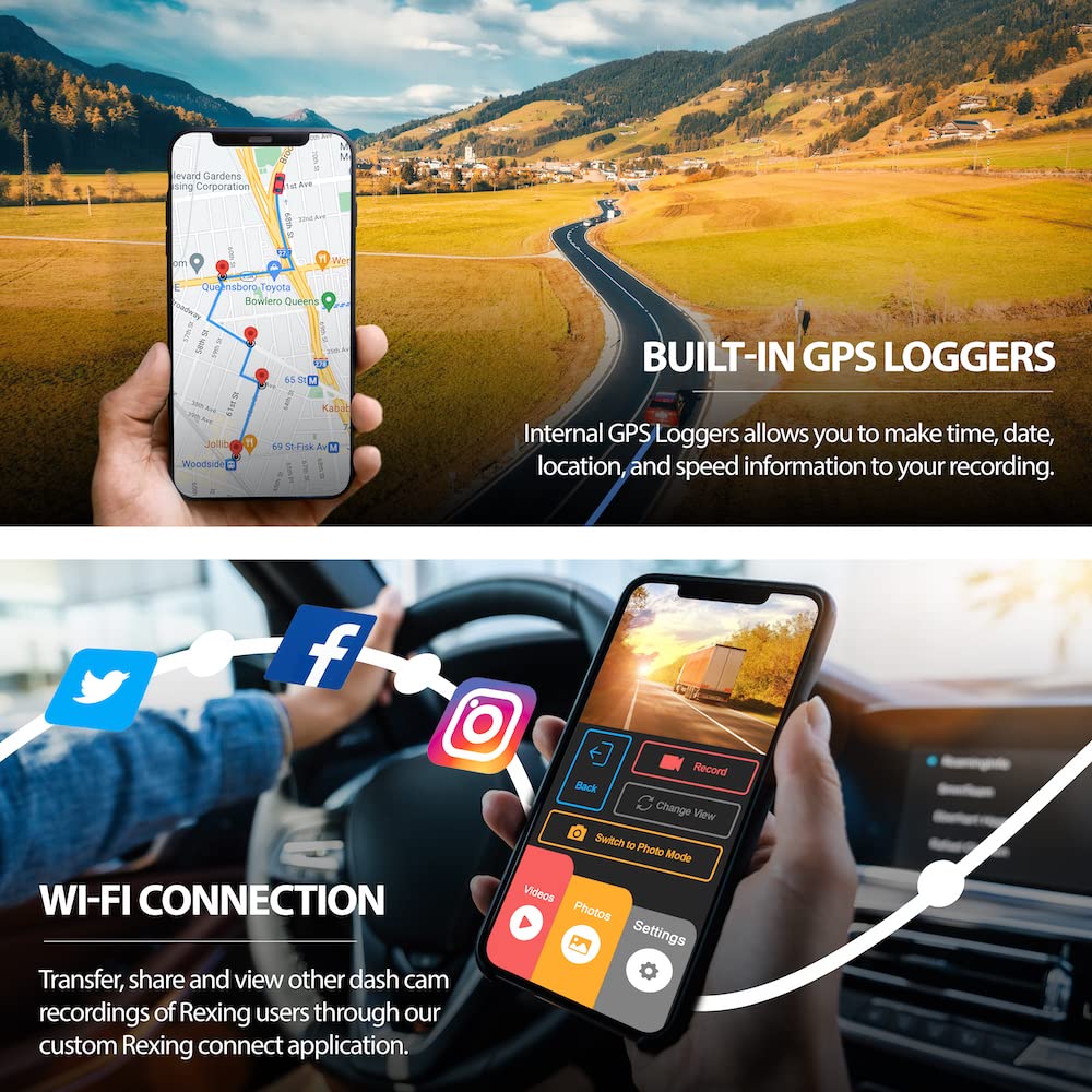 Rexing V1Pgw 4K 2.4'' Lcd 2160P Front + 1080P Rear W/Built In Gps, Wi Fi 170 Wide Angle Dual Channel Dashboard Camera Recorder C