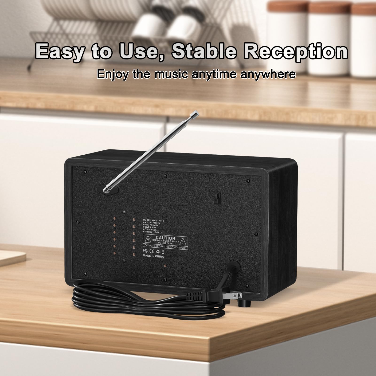 Leotec Am Fm Radio,Retro Wood Table Radio,Portable Bluetooth Speaker Plug In Wall,Best Reception With Aux,Headphone Jack,Bass Co