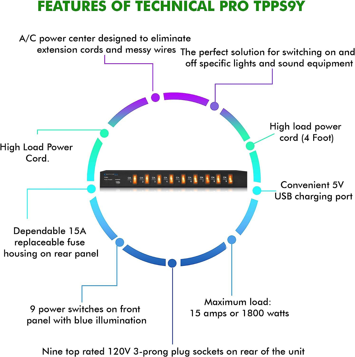 Technical Pro Electric Power Supply With 9 Power Switches, 1800 Watts Max Load, 5V Usb Charging Port, 9 Outlet High Load Power Cord (4 Foot)