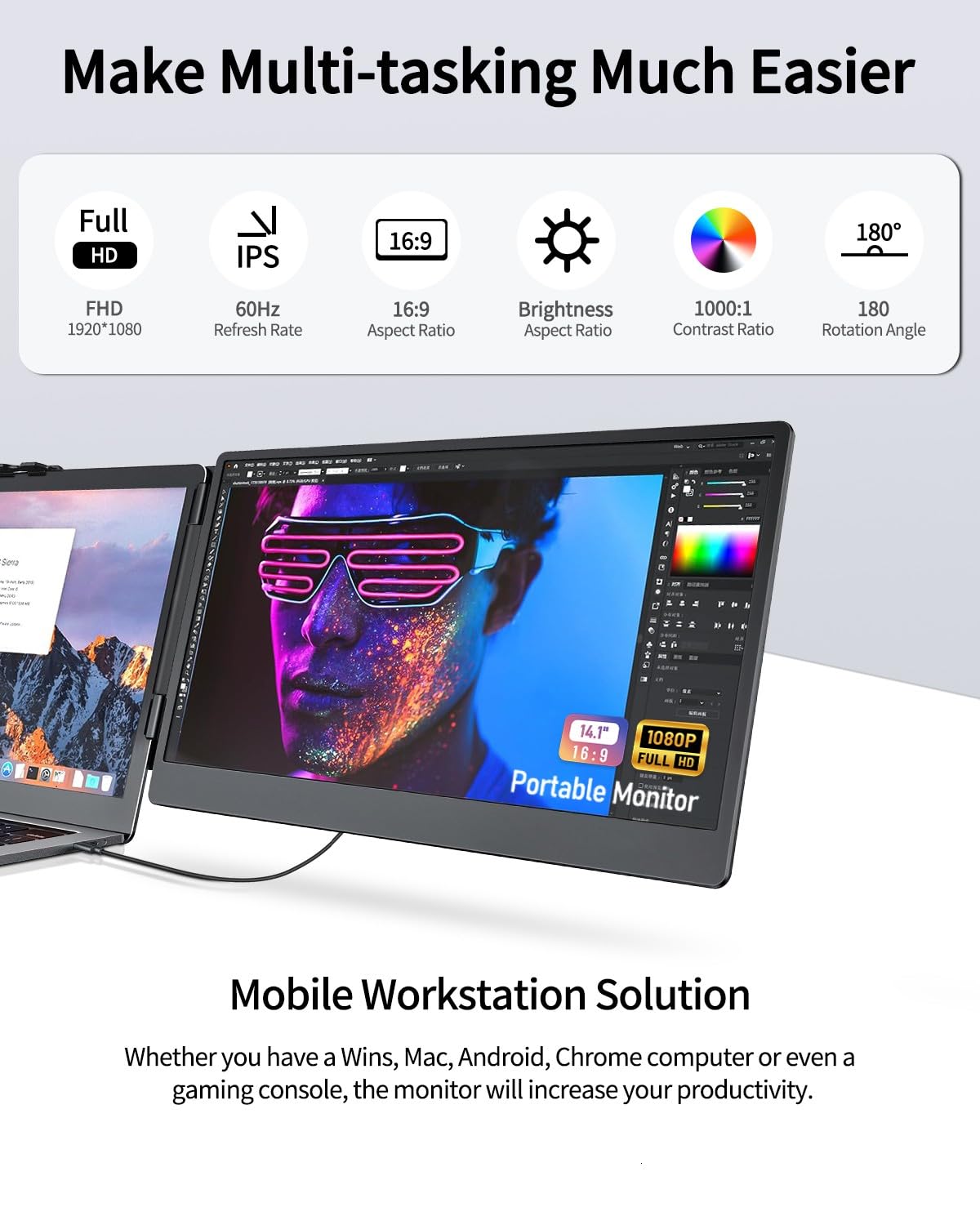 Macsecor 14.1'' Laptop Screen Extender, 1080P Fhd Portable Monitor For Laptop Usb C Hdmi, Plug Play Laptop Monitor Extender For