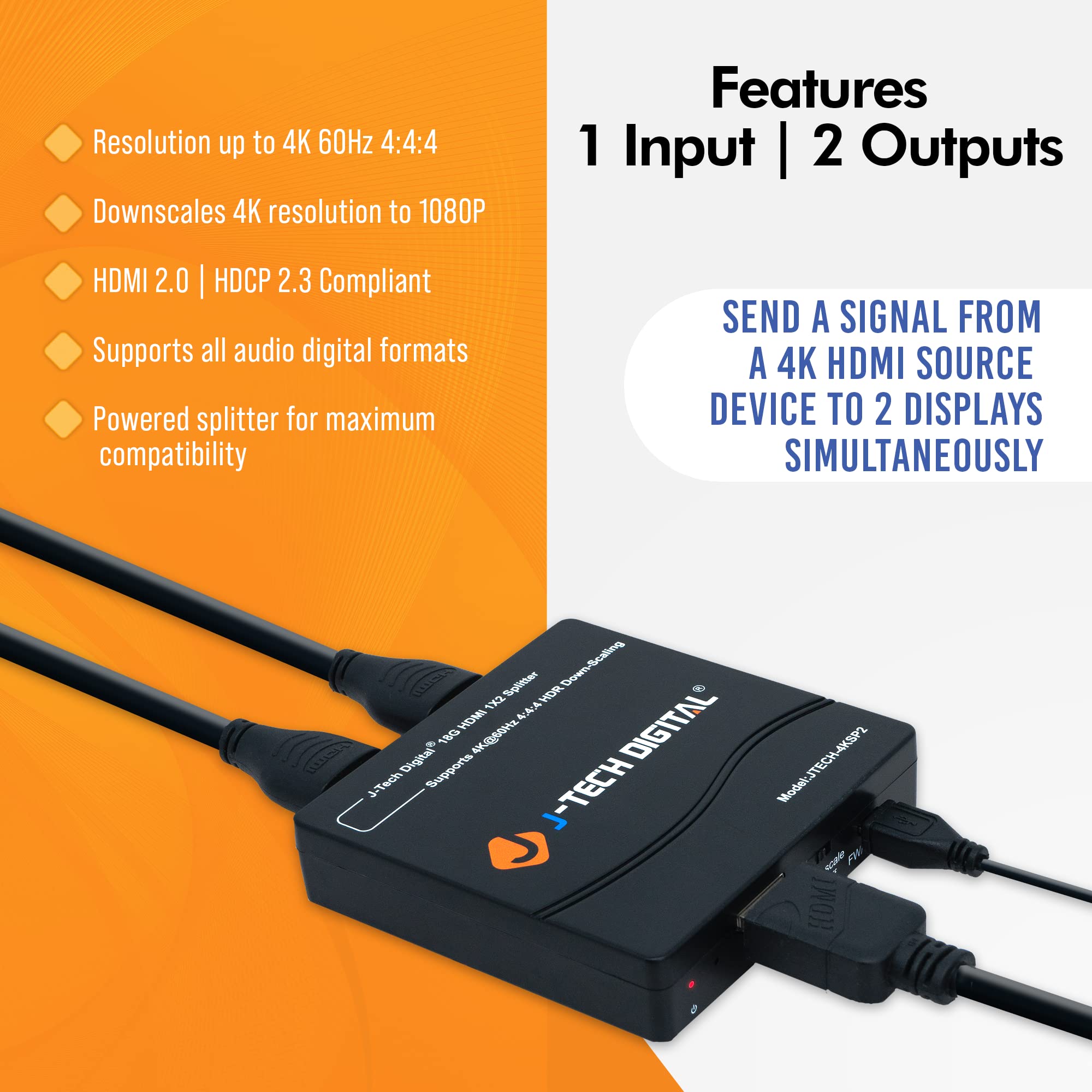 Hdmi Splitter 1 In 2 Out 4K 60Hz Multi Resolution Output (Mro) By J Tech Digital Hdmi 2.0 Splitter Supports Downscale Hdr Hdr10