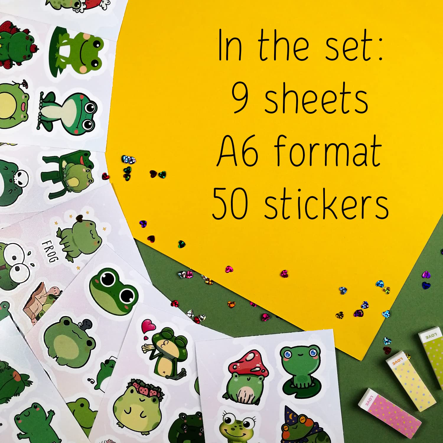 Bulbacraft Kawaii Frogs Stickers Set, 50 Pcs Green & White Vinyl Decals For Kids, Waterproof, Scratch Resistant, Indoor Usage, S