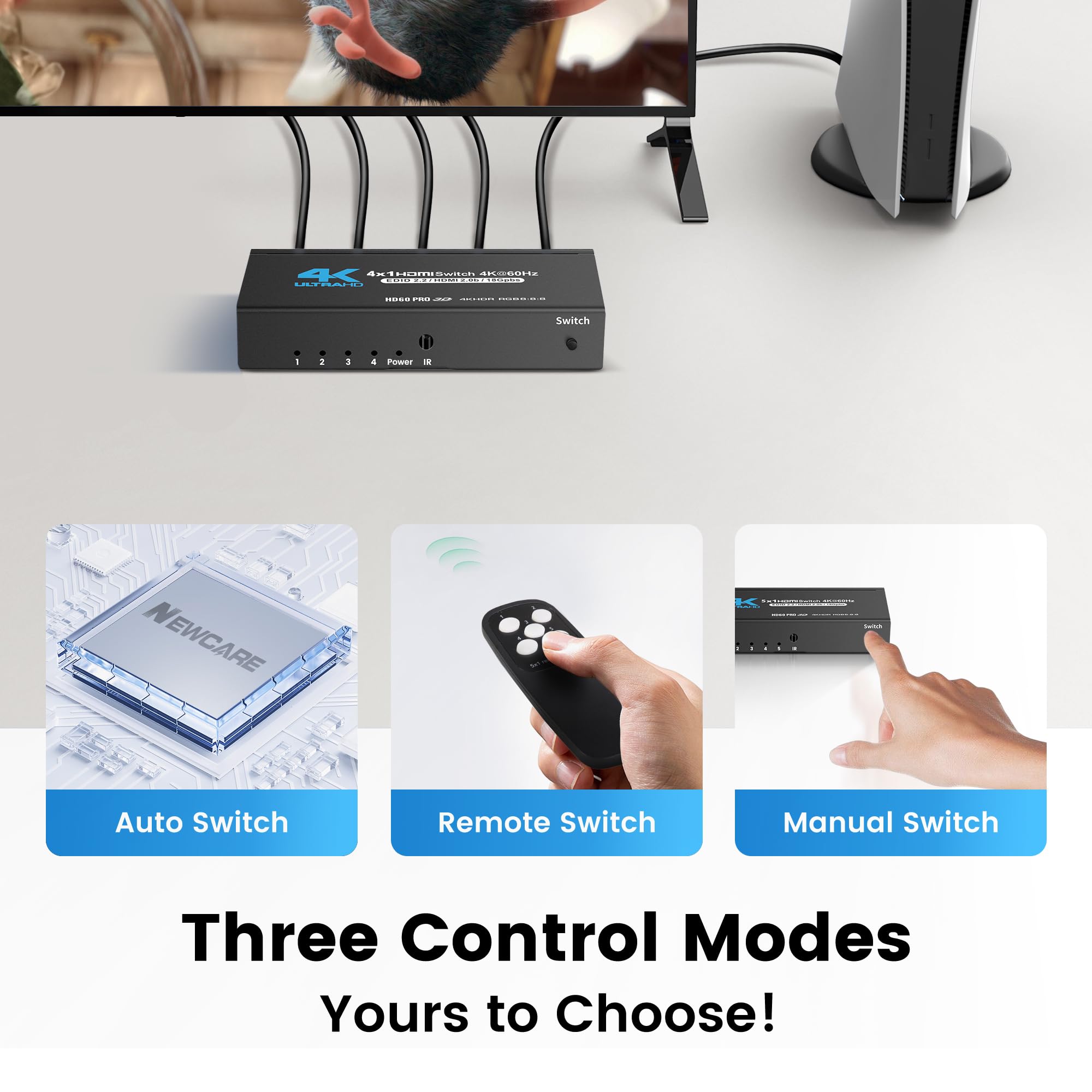 Newcare Hdmi Switch 4 In 1 Out 4K@60Hz, 4X1 Hdmi Splitter Switcher With Ir Remote, 4 Port Hdmi Selector Box Support Hdmi2.0, Dolby Vision/Atmos, Hdr10 For Switch, Xbox, Ps5/4, Roku, Fire Stick