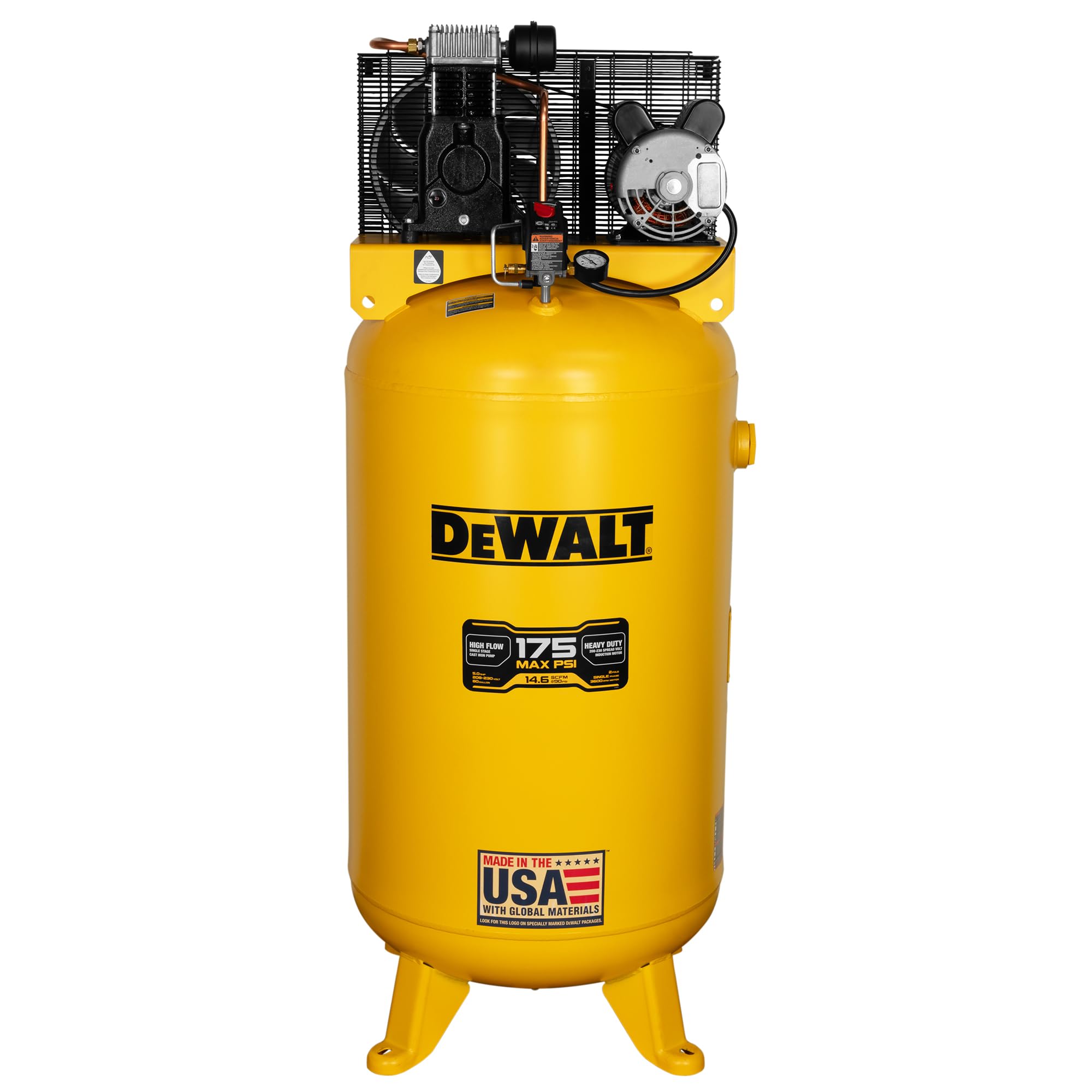 DEWALT 80 Gallon Vertical Air Compressor, 5 HP, 175 Max PSI, Single Stage, Oil Lube, 230V - High Performance Industrial Air Comp