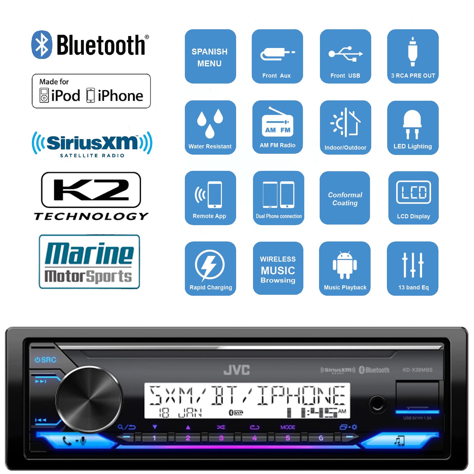 Jvc Kd-X38Mbs Single Din Marine Motorsports Bluetooth Usb Aux Am/Fm Radio Stereo Receiver Bundle Combo With 2X 6.5 2-Way 100 Wat