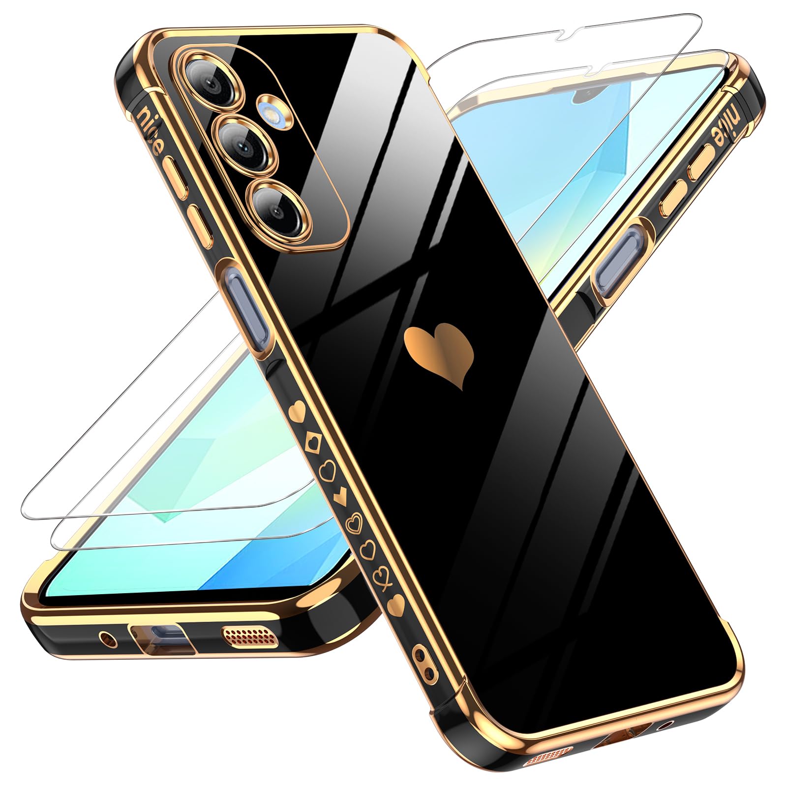 Leyi For Samsung Galaxy A16 5G Case: With Tempered Glass Screen Protector [2 Pcs]+ Full Camera Lens Protection,Love Heart Platin