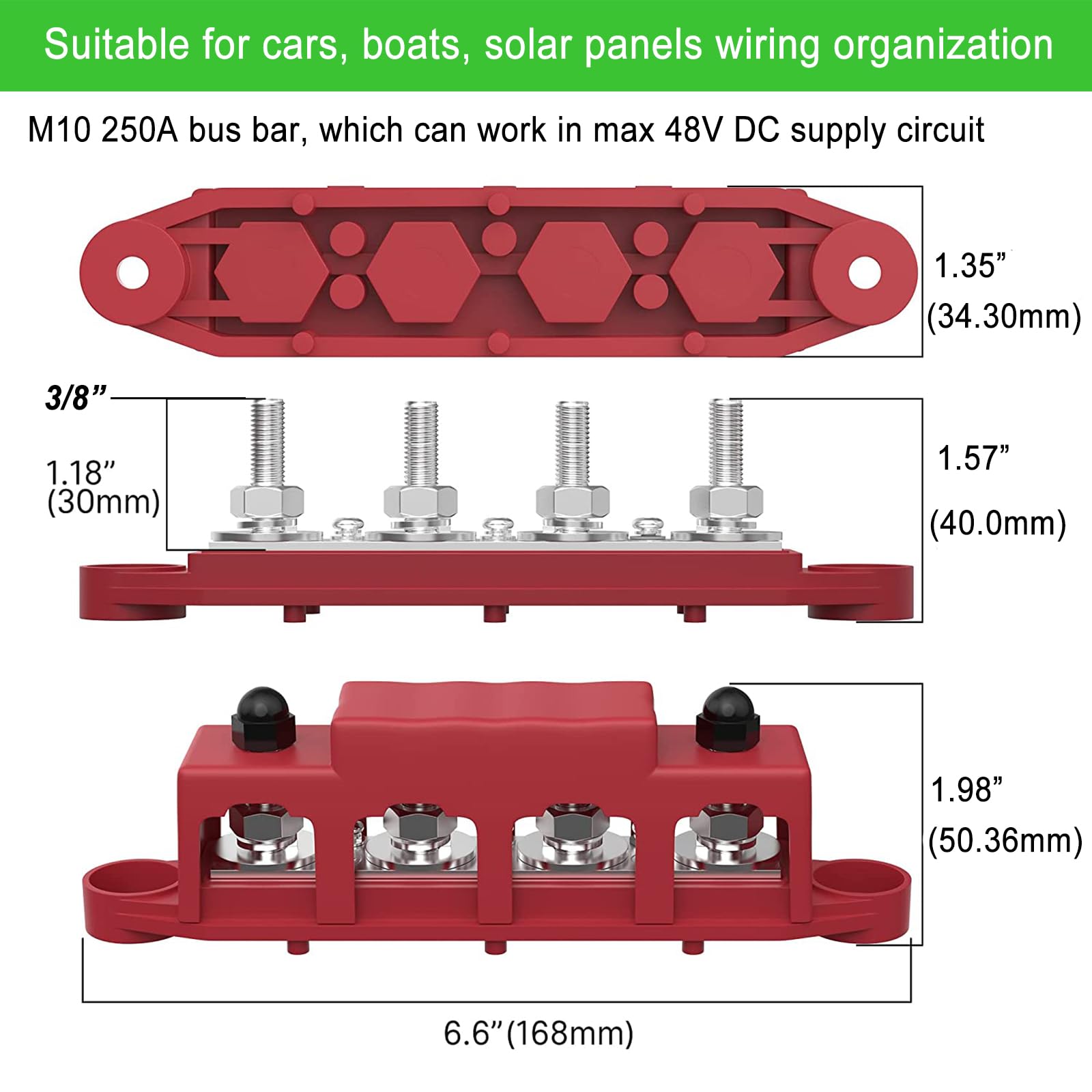 Young Dance 250A 12V Busbar 3/8'' Power Distribution Block 4 Studs Junction Block Automotive Marine Battery Busbar Terminal Bloc