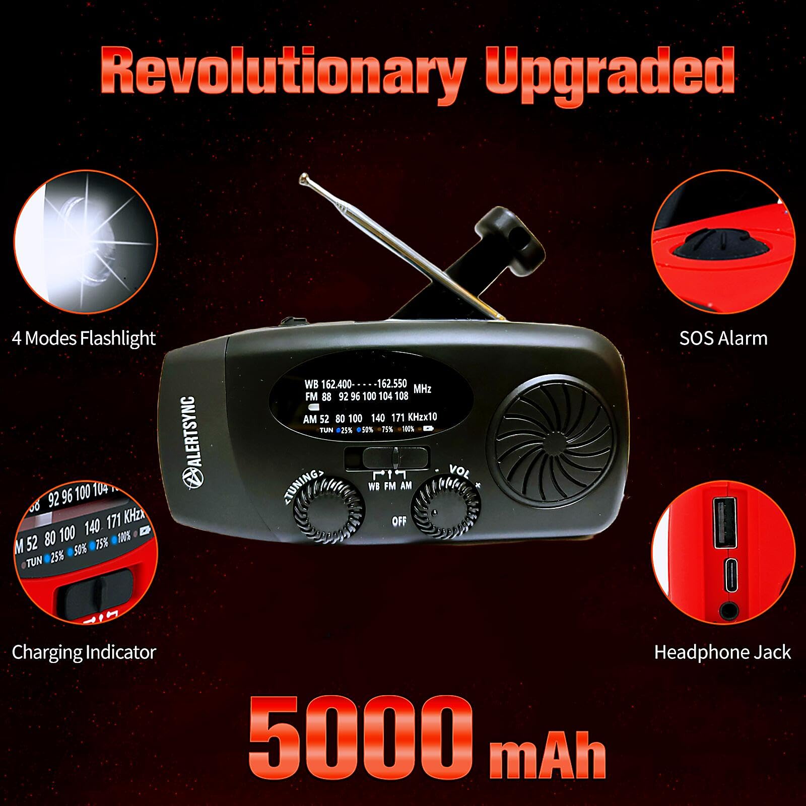 5000Mah Emergency Weather Radio, Ironsnow Noaa Fm Am Hand Crank Radios, Solar Radio With Sos, Earphone Jack, 1W Led Flashlight,