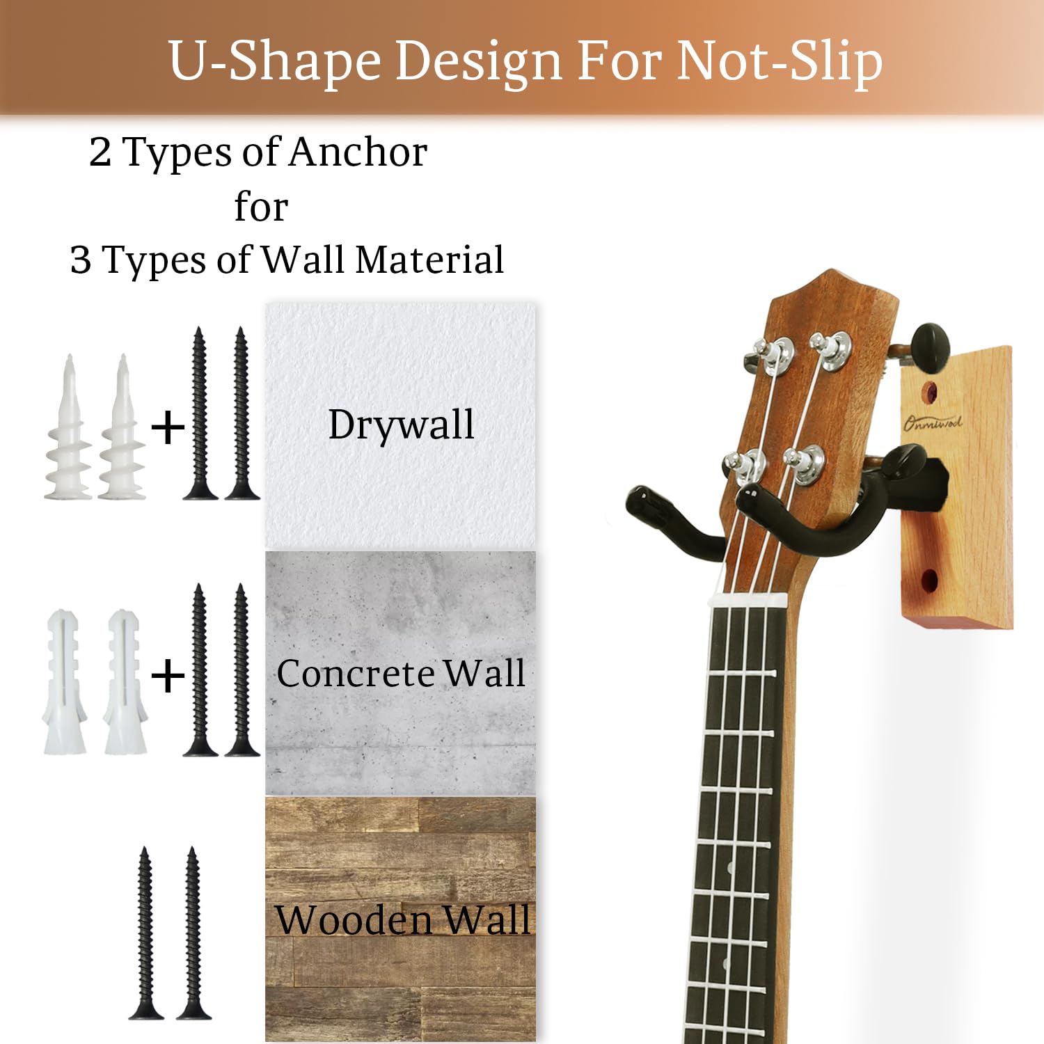 Onmiwod Ukulele Wall Mount Hanger 2 Pack, Ash Hardwood U Shaped Ukulele Holder Hanger, Ukulele Wall Mount Hook For Ukulele Banjo