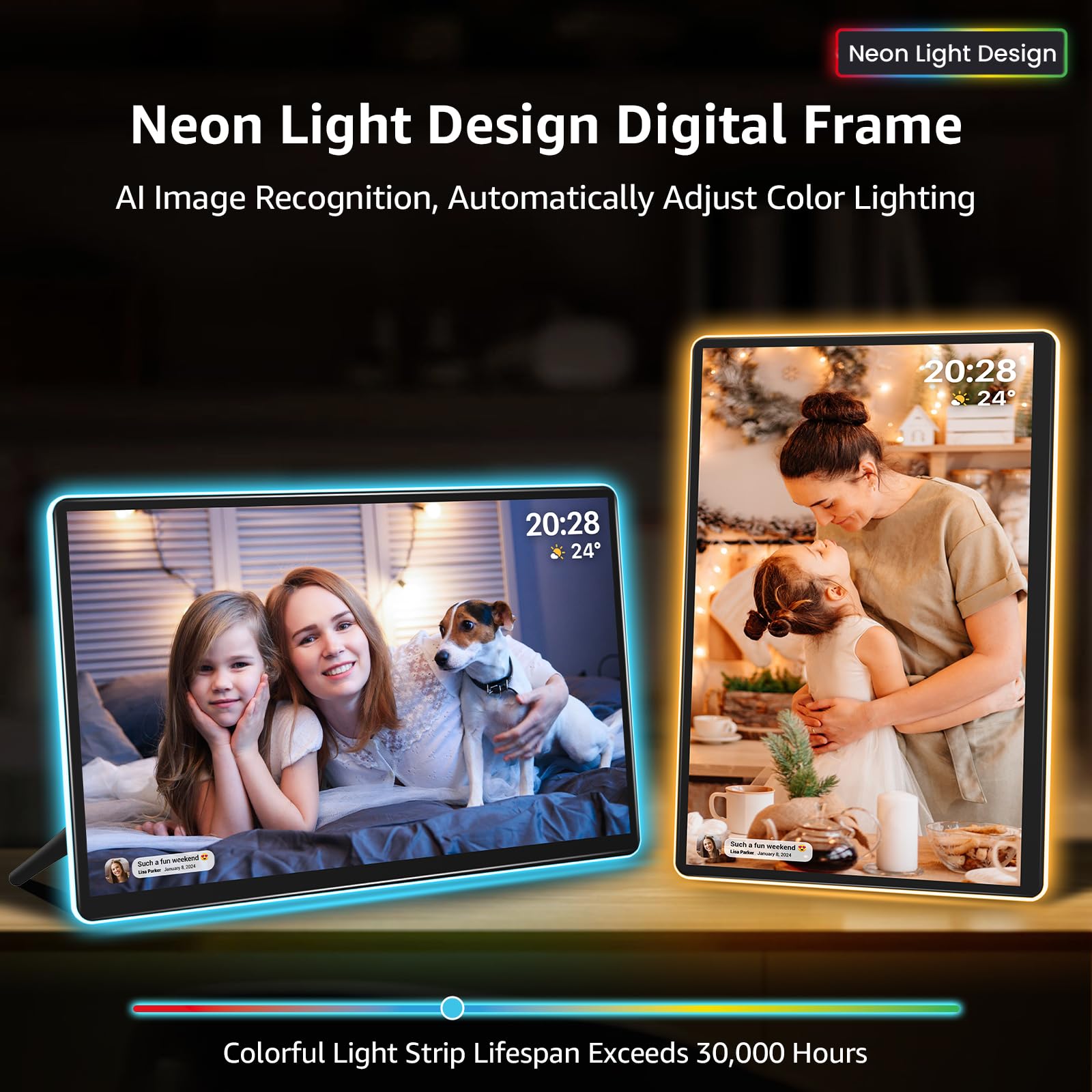 Apolosign 14.1'' Neon Light Digital Frame, 32Gb Storage Smart Digital Picture Frame, Easy Setup, 16:10 Aspect Ratio Glass Lamina
