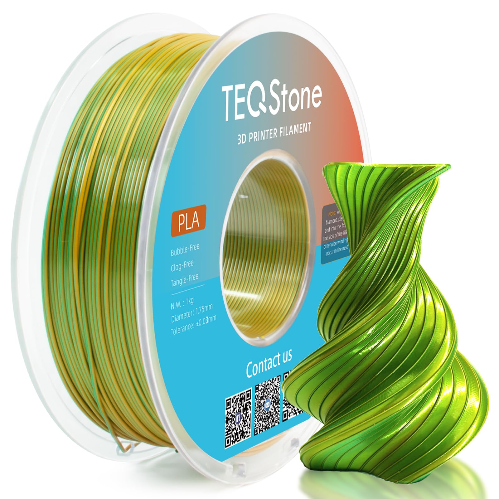 TEQStone Dual Color Silk PLA Filament 1.75mm Yellow Green 1KG, Shiny High Gloss Finish, Seamless Color Transition, Neatly Wound,