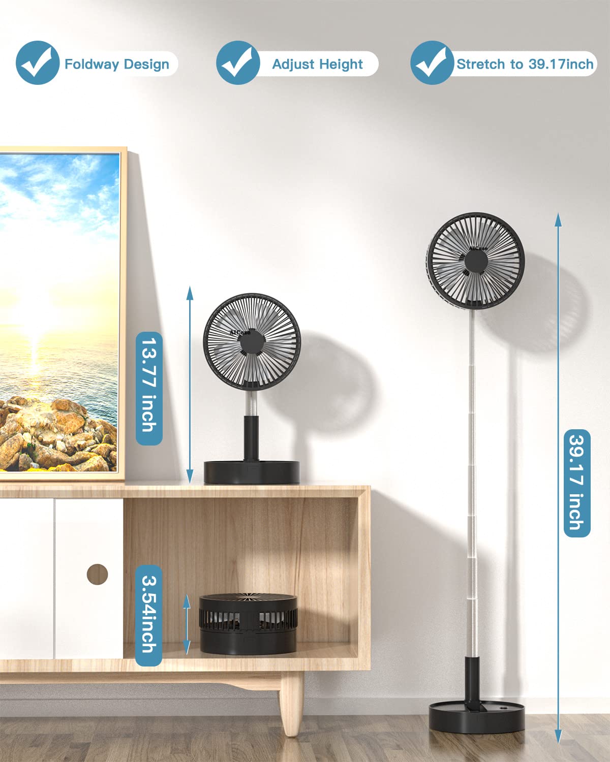 Aicase Stand Fan,Folding Portable Telescopic Floor/Usb Desk Fan With 7200Mah Rechargeable Battery,4 Speeds Super Quiet Adjustabl