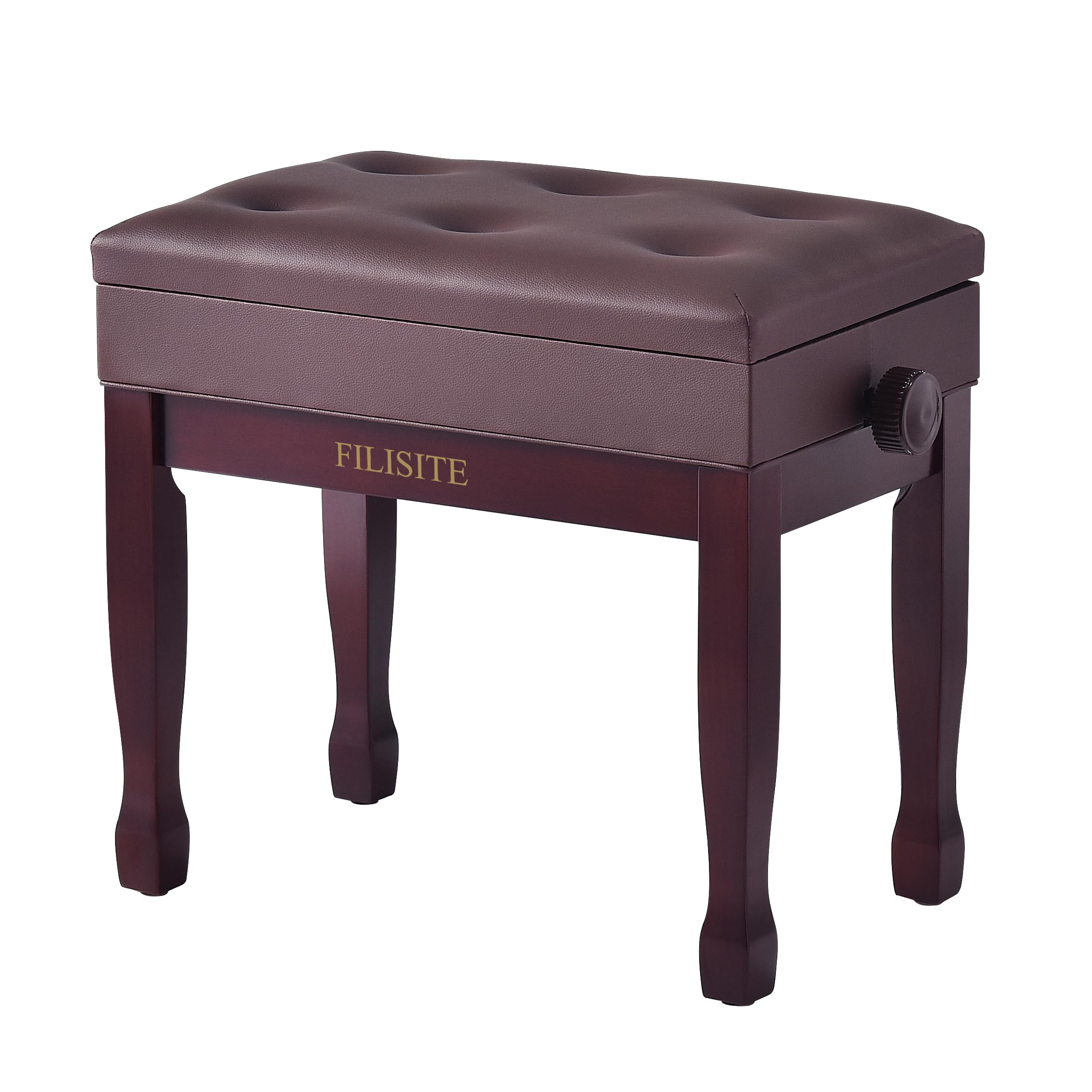 FILISITE Adjustable Height Piano Bench Stool PU Leather Cushion Wooden Keyboard Seat with Music Storage (Brown)