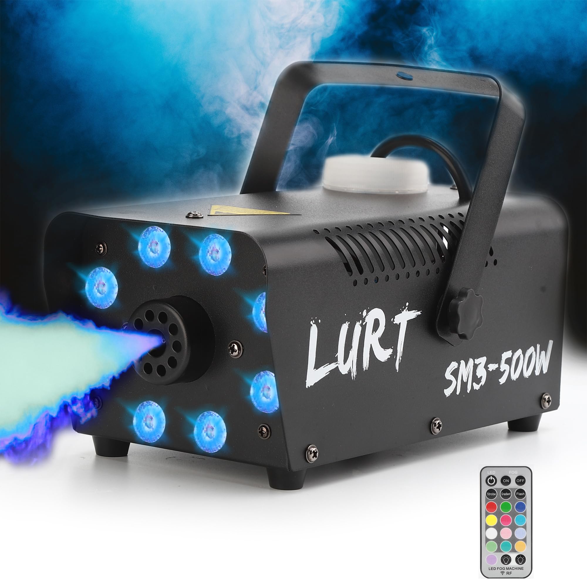 LURT Fog Machine Mini Smoke Machine 13 Colorful Lights 500W 2500CFM Small with Wireless Remote Control Auto Mode Portable for In