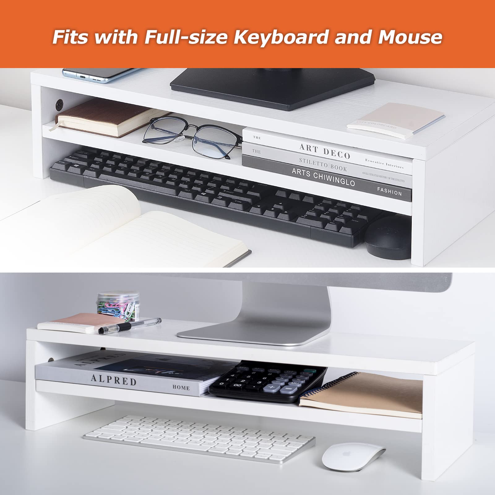 Beygorm Monitor Stand Riser White, 21.6 Inch 2 Tiers Wood Desk Shelf Computer Screen Stand With Storage For Desktop Laptop/Scree