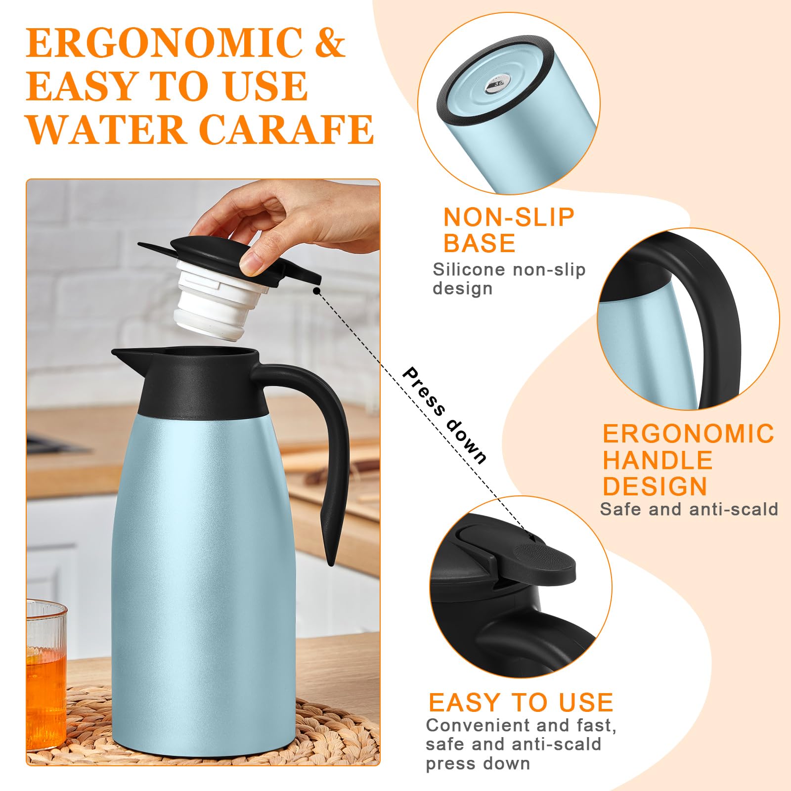 Norme 2 Pcs 68 oz Stainless Steel Thermal Coffee Carafe - Insulated Hot Liquid Dispenser, Pink & Blue, Model Norme-FTG21