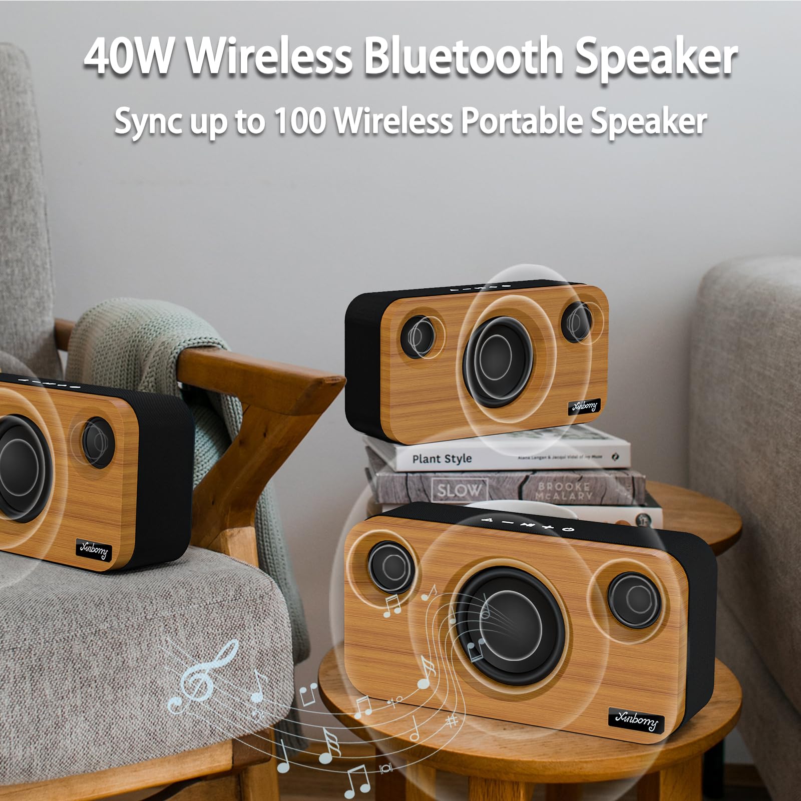 Bluetooth Speaker With Deep Bass, 40W(Peak) Wireless Portable Speaker With Tws, Aux, Tf Card, Stereo Sound Wood Home Audio Sync