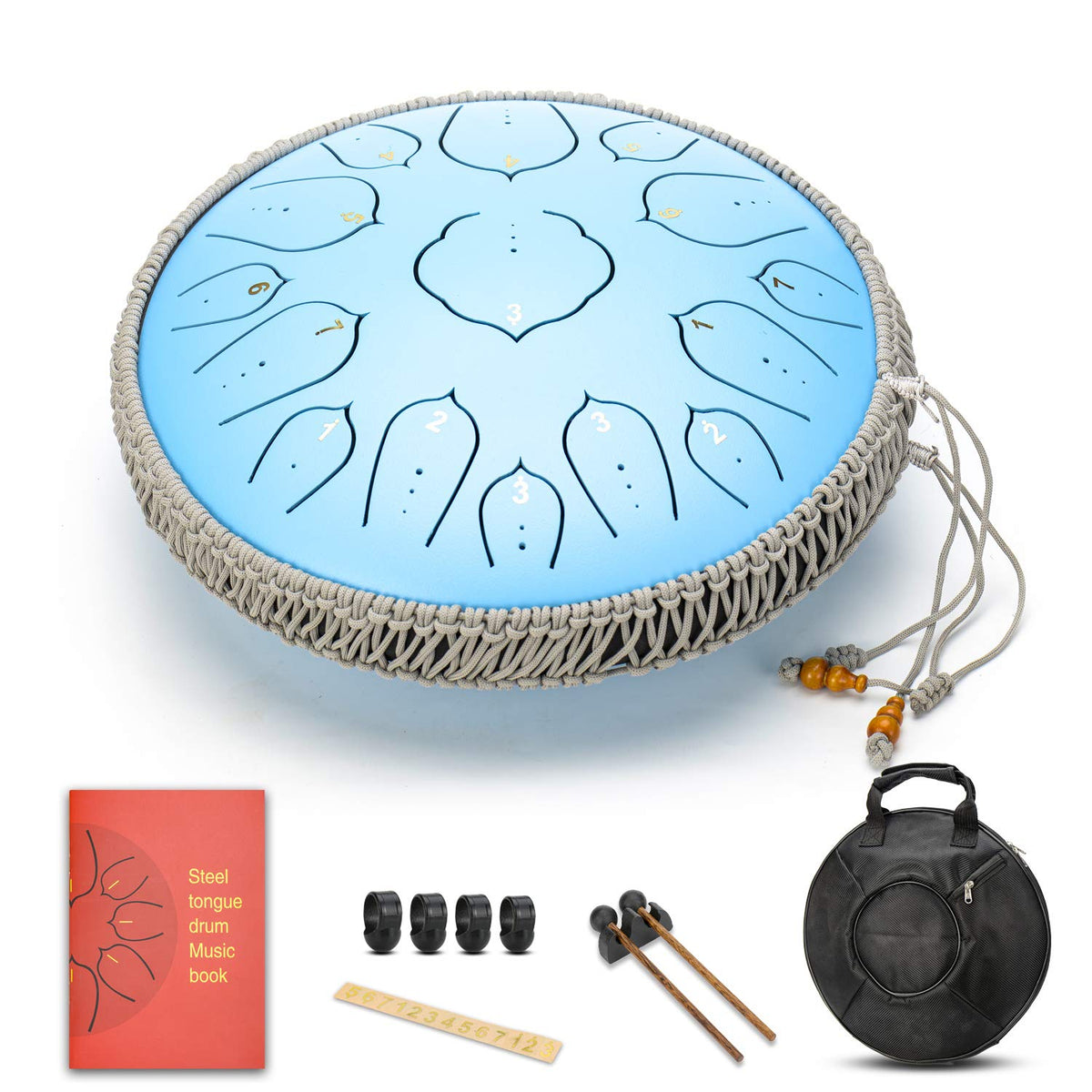 Sky Blue 15 Notes 14 Inches Steel Tongue Drum Healing Drum Wide Range Steel Drum With Carrying Bag & Mallets