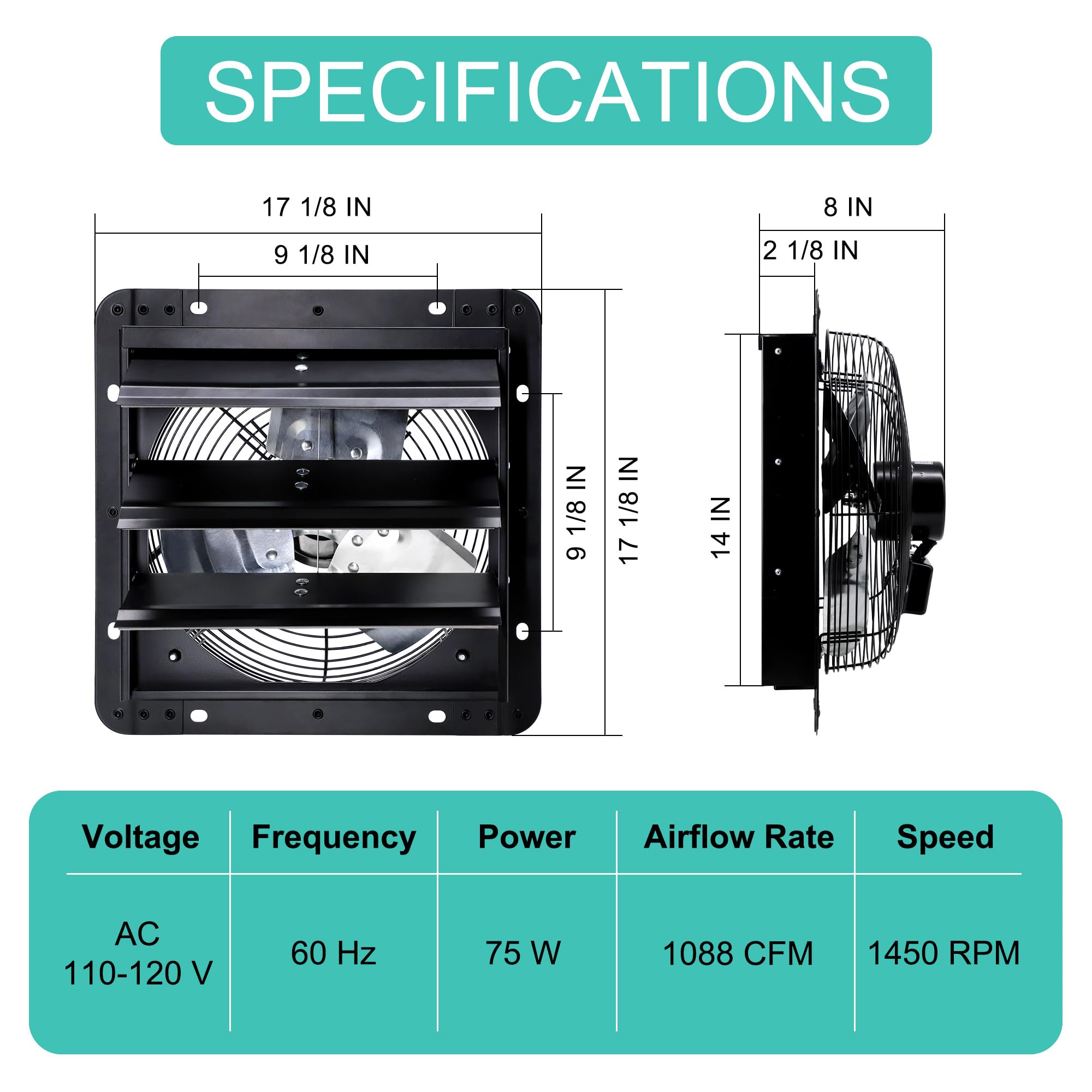 Hipoilk 14 Inch Wall Mounted Shutter Exhaust Fan With Thermostat And Speed Controller For Attic, Greenhouse, Shed, Garage, Chick