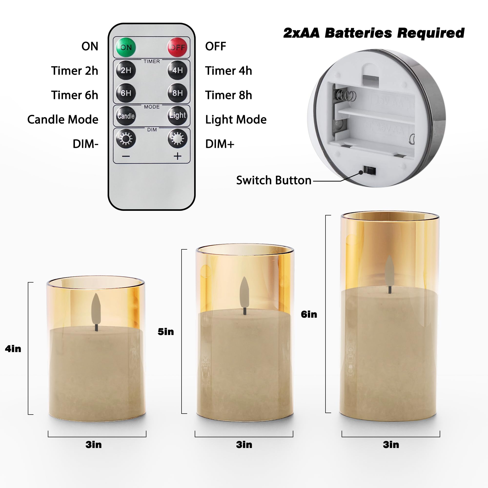 Crystal Texture Design Flickering Flameless Candles With Remote & Timer, Real Wax Battery Operated Candles With Flickering Flame