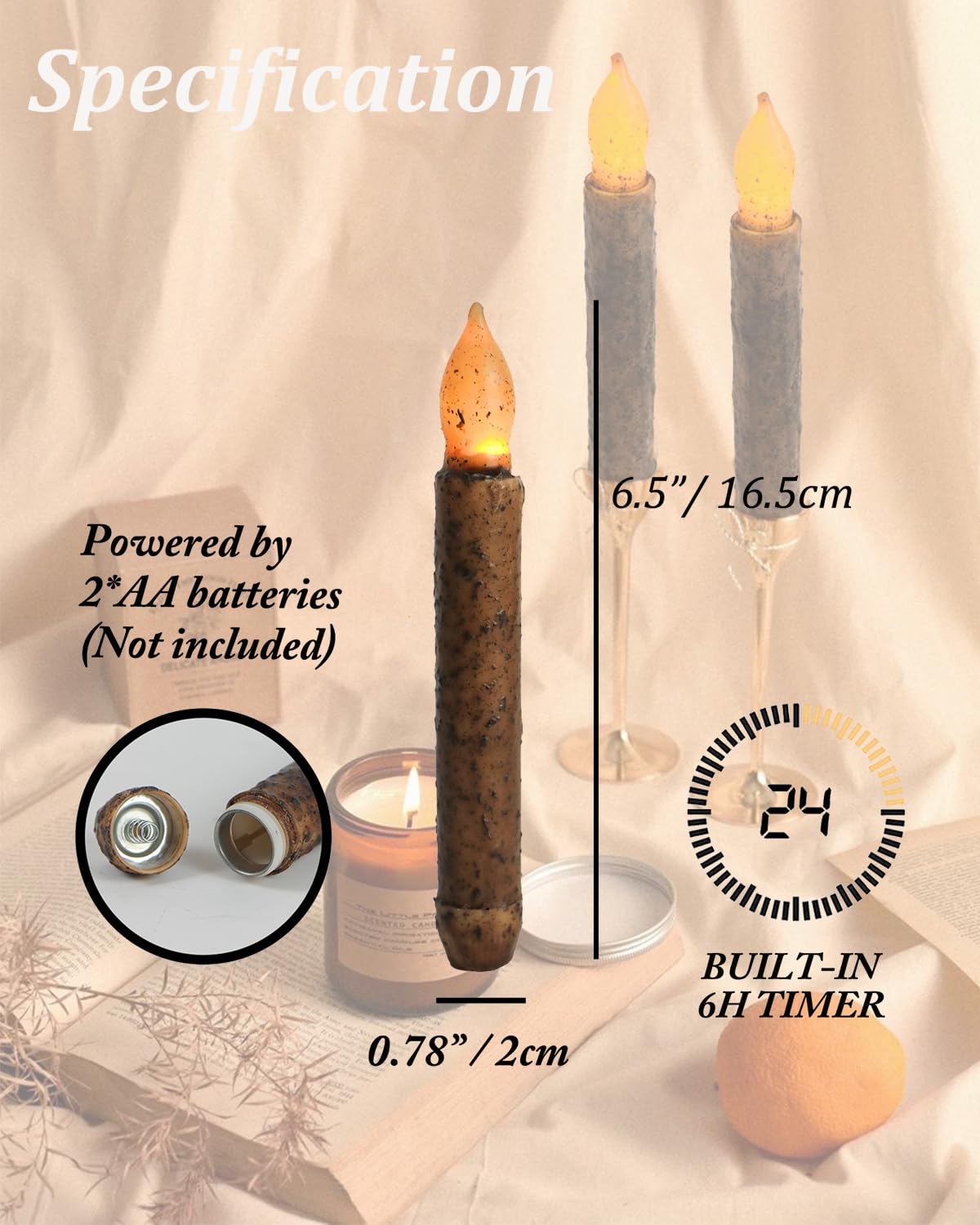 Aulaygo Taper Primitive Candles With Timer 6Pcs Real Wax Hand Dipped Battery Operated Flameless Candles For Christmas Halloween