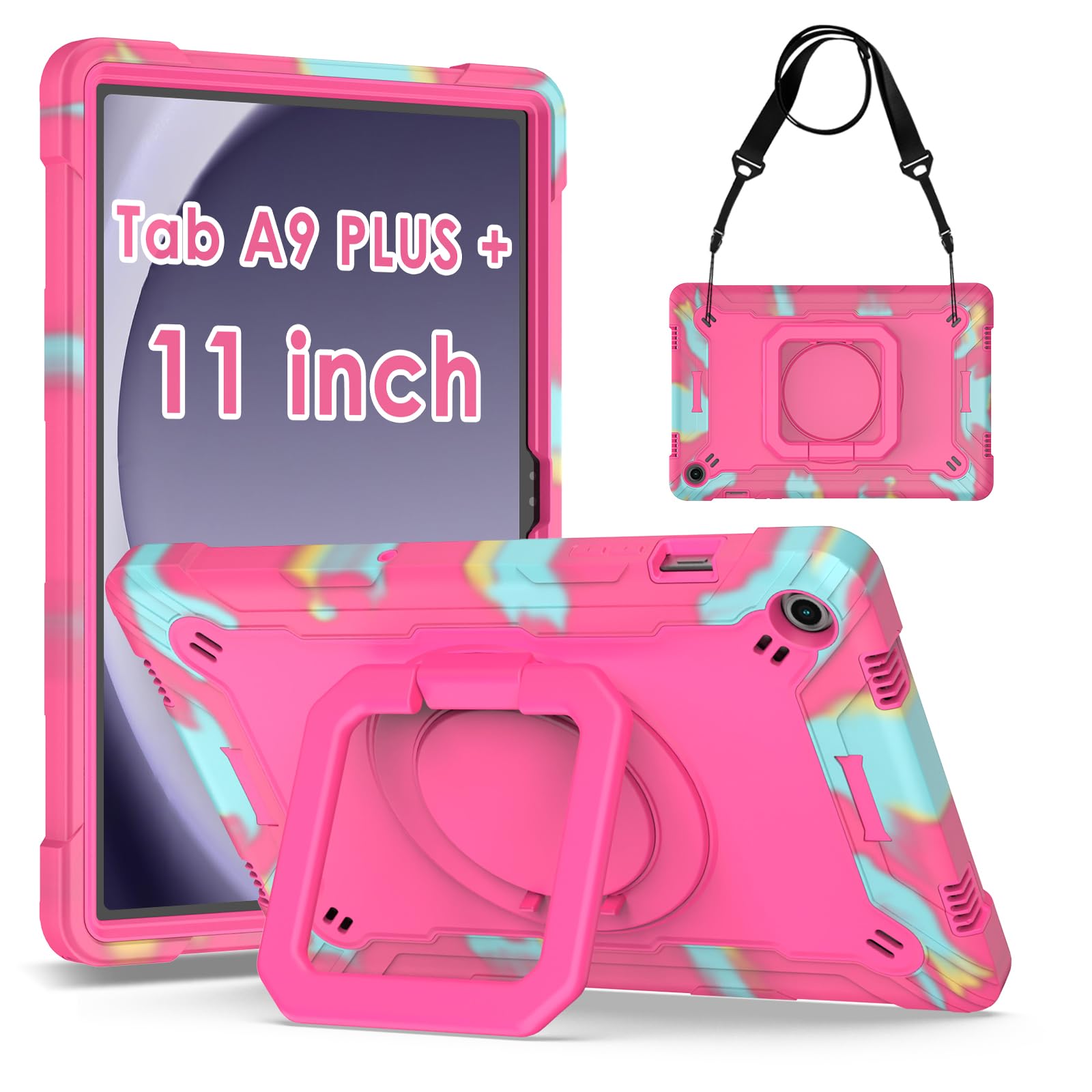 Detuosi Case For Samsung Galaxy Tab A9 Plus 11 Inch 2023, Galaxy Tab A9 Plus Shockproof Case With 360Rotatable Stand & Shoulder