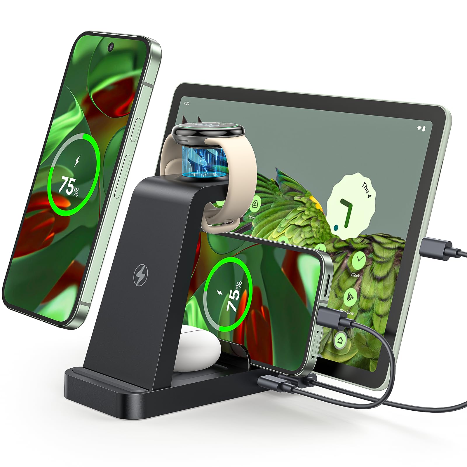 5 In 1 Wireless Charger Station For Google Pixel Watch 3/2, Fast Charging Stand Dock For Multiple Devices: Google Pixel 9 8 7 6 