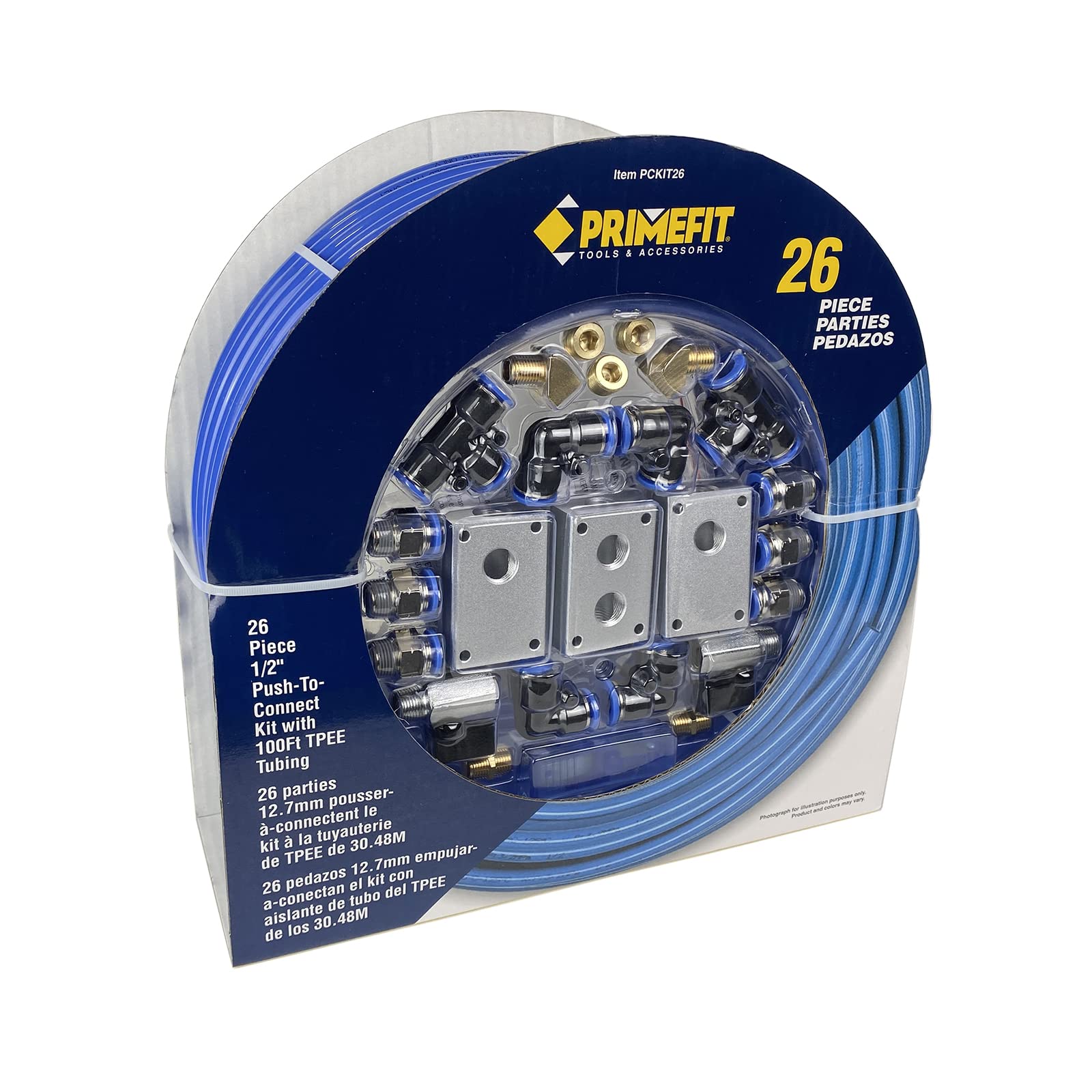 Primefit Nylon, Aluminum, Steel, Brass Pckit26 Air Piping System, 26 Piece Air Push To Connect Kit With 1/2 Inch (Od) / 3/8'' (I