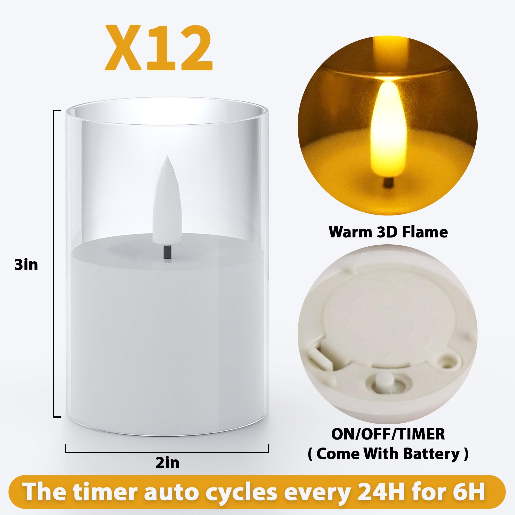 12Pack Flickering Flameless Led Candles With Timer, Battery Powered   Small Pillar & Votive, Clear (2''X3'')