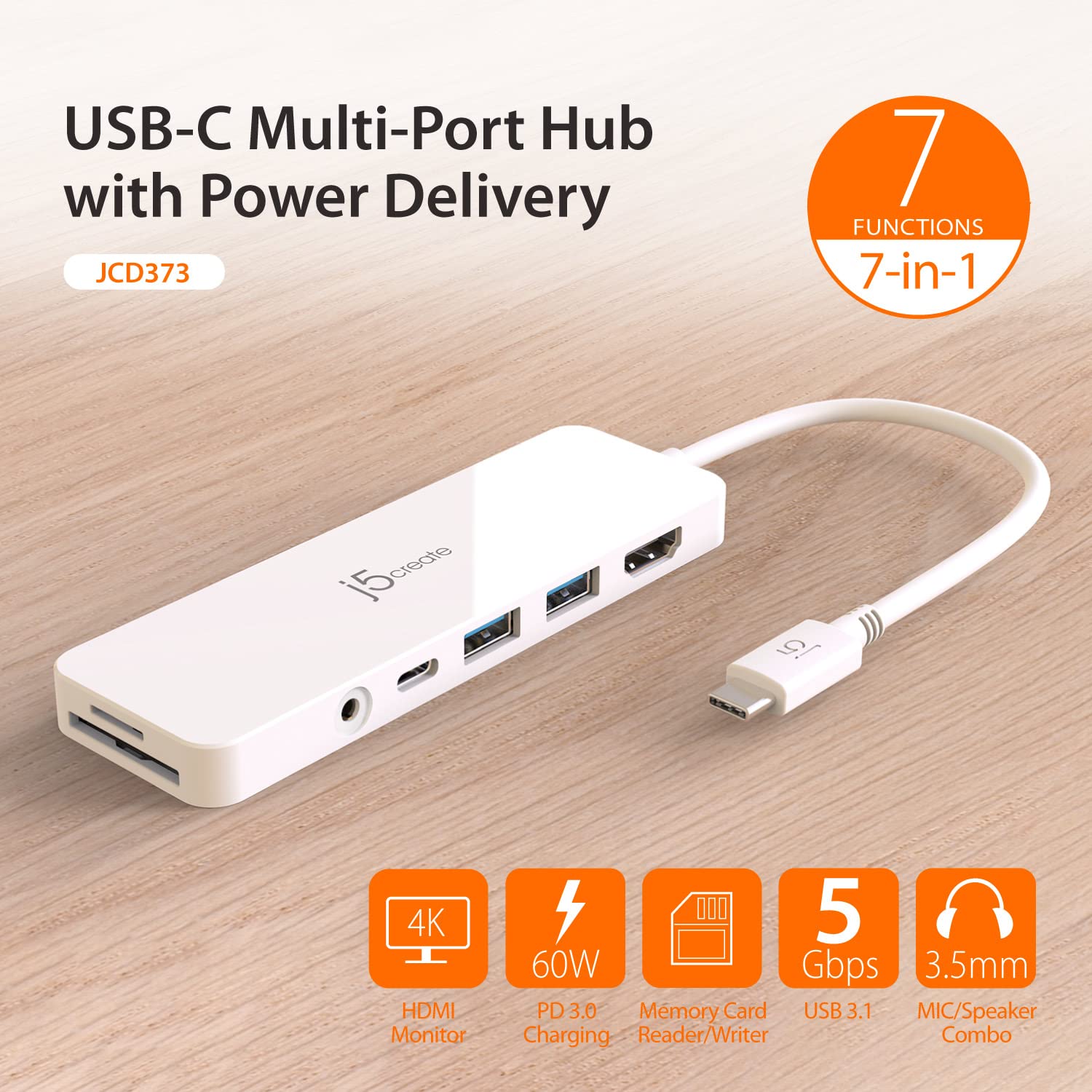 J5Create Usb-C Mini Hub - 4K Hdmi, 2 X Usb 3.1 5Gbps, Microsd & Sd Card Reader, 3.5Mm Audio Jack, 60W Pd Pass-Through Charging (