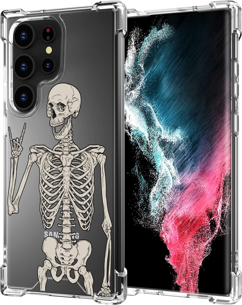 Hungo Samung Galaxy S23 Ultra Case Skull Skeleton Cute Clear With Design, Girly For Women Girls Floral Transparent Case Compatib