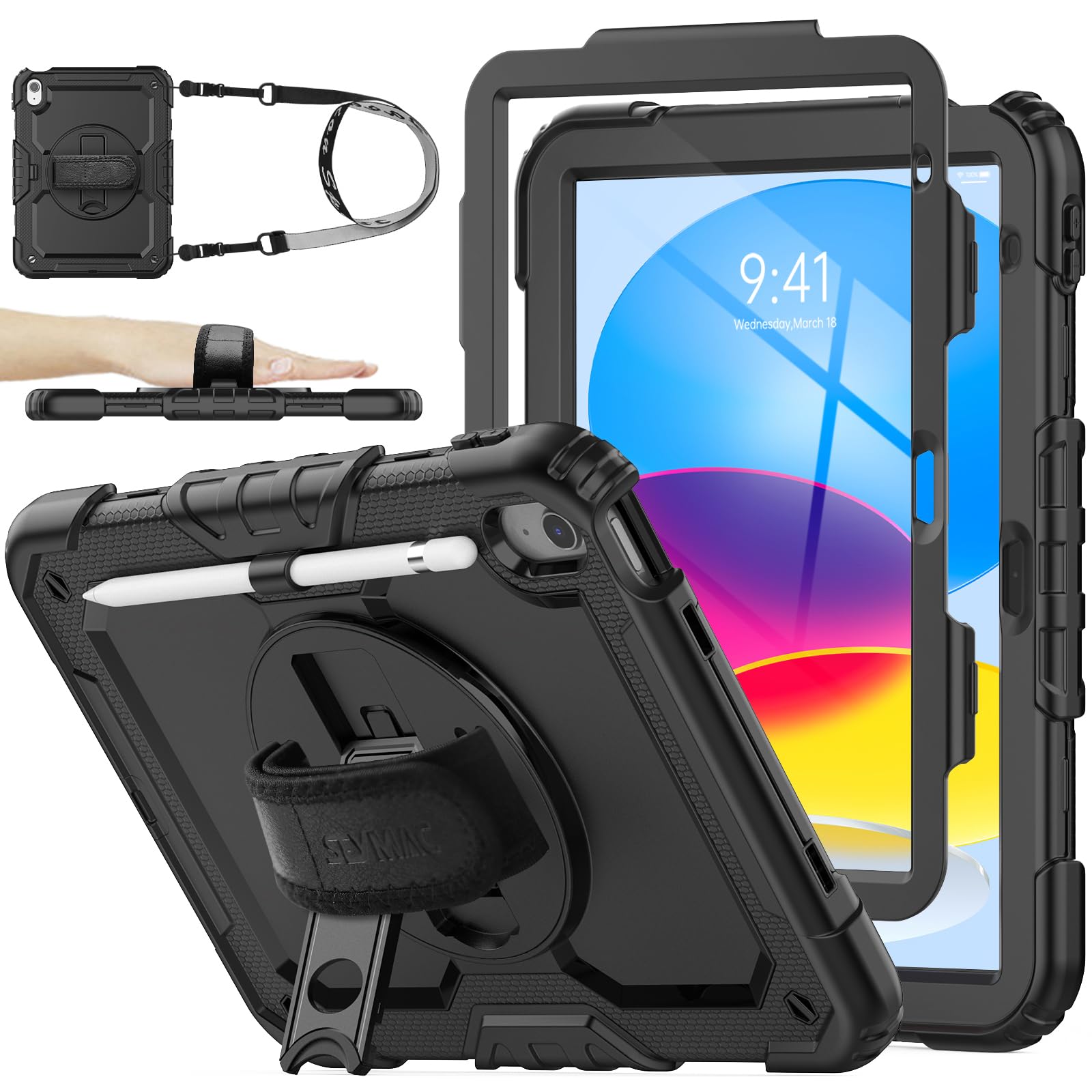 Seymac Stock Case For Ipad 10Th Generation 10.9'', Full Body Drop Protection Case With Screen Protector &360 Rotate Hand Strap/S