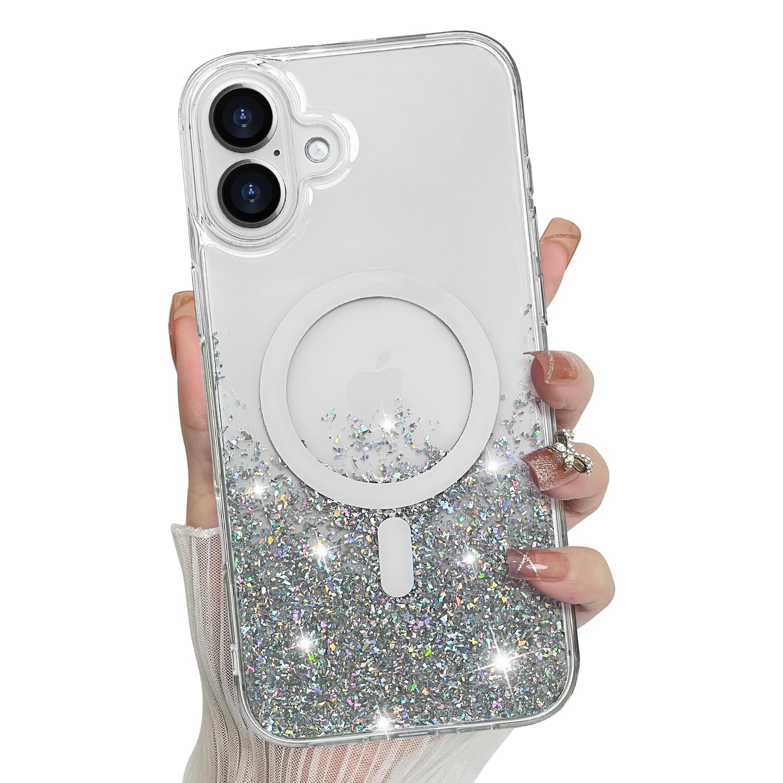 Bonoma For Iphone 16 Plus Case, Sparkly Glitter Bling Back, Magnetic Support For Magsafe Shockproof Case, Crystal And Clear High