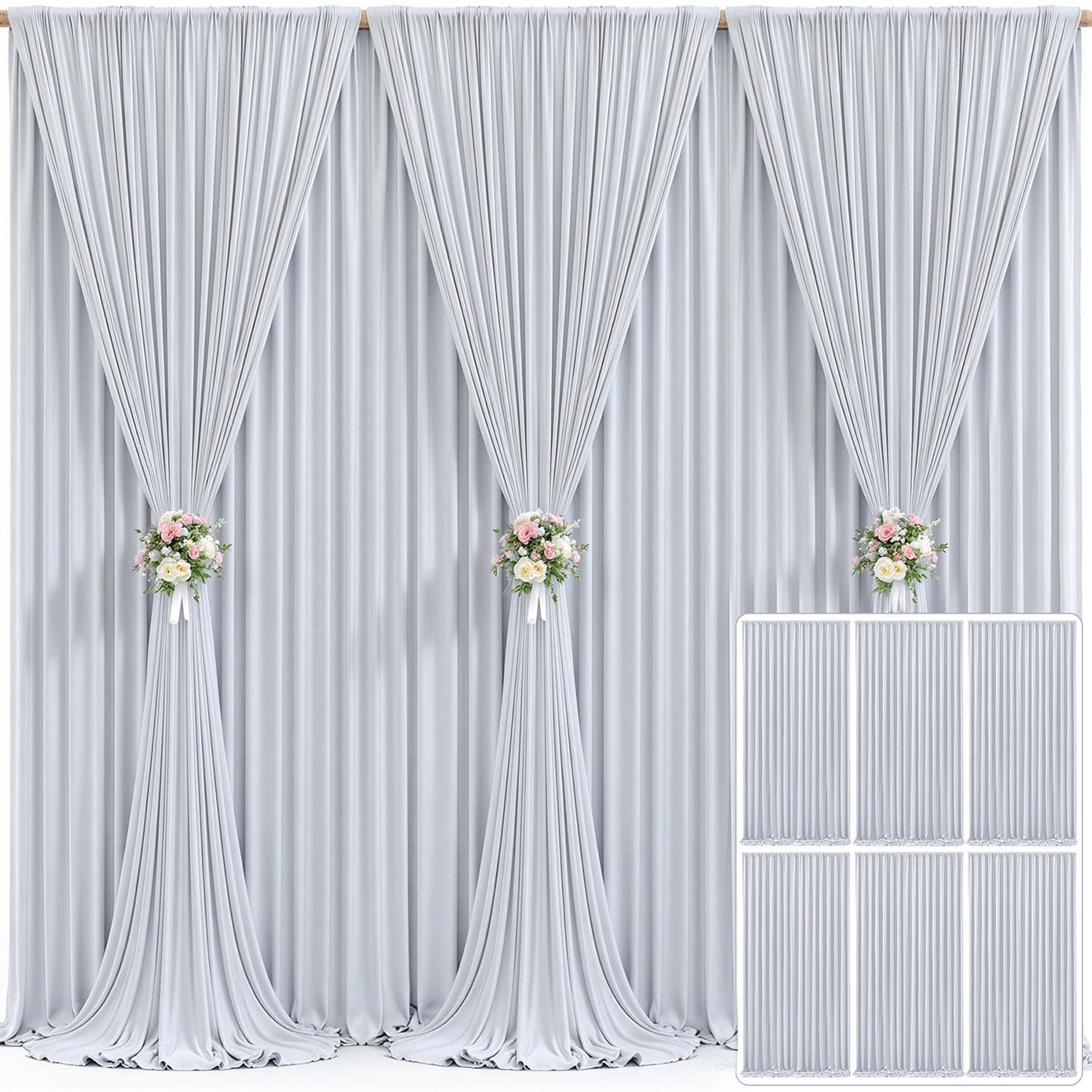 6 Panels Silver Grey Backdrop Curtain for Parties Wedding Wrinkle Free Silver Grey Photo Curtains Backdrop Drapes Fabric Decorat