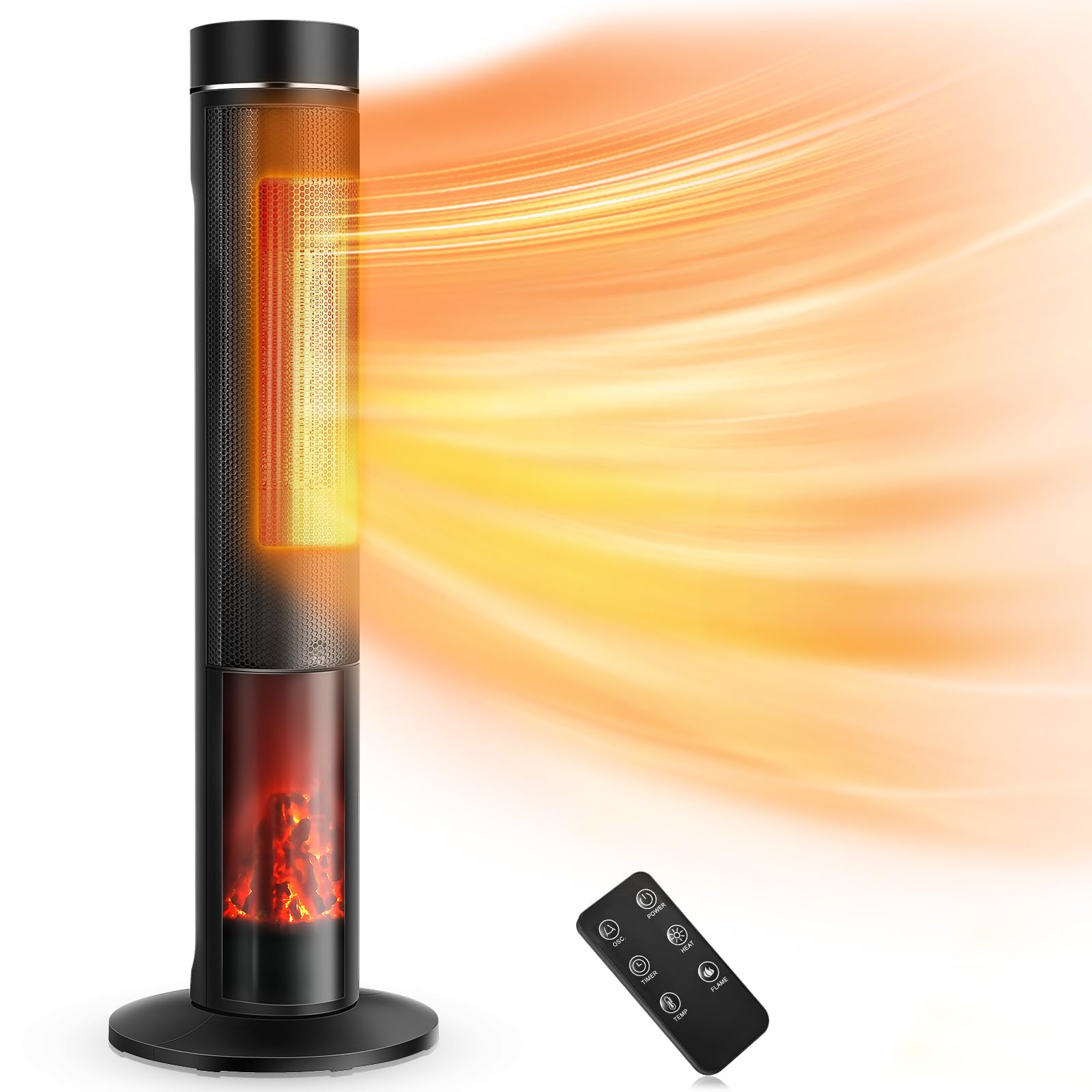 Trustech 36'' Tower Space Heater For Large Room, 1500W Ptc Electric Tower Heater With Adjustable Thermostat, 4 Modes & 3D Flame,