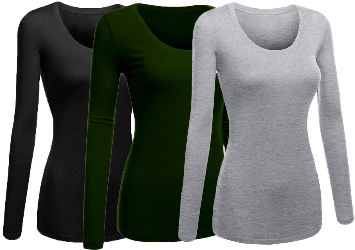 Emmalise Womens Junior And Plus Size Basic Scoop Neck Tshirt Long Sleeve Tee, 1Xl, 3Pk Black, Dk Olive, H Gray