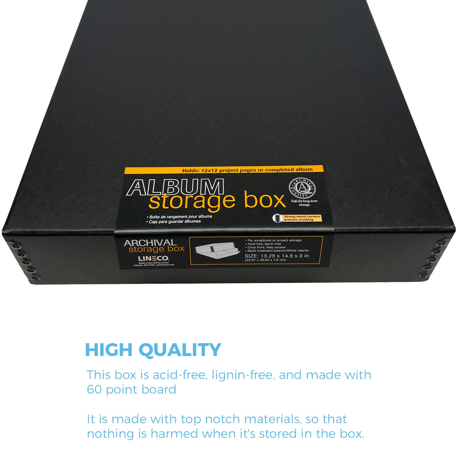 Lineco 12X12 Archival Scrapbook Storage Box, Acid Free Drop Front Box With Removable Lid. Preserves Photos, Documents, Crafts, Cards, Magazines, Prints, Albums And Paper Projects, Black