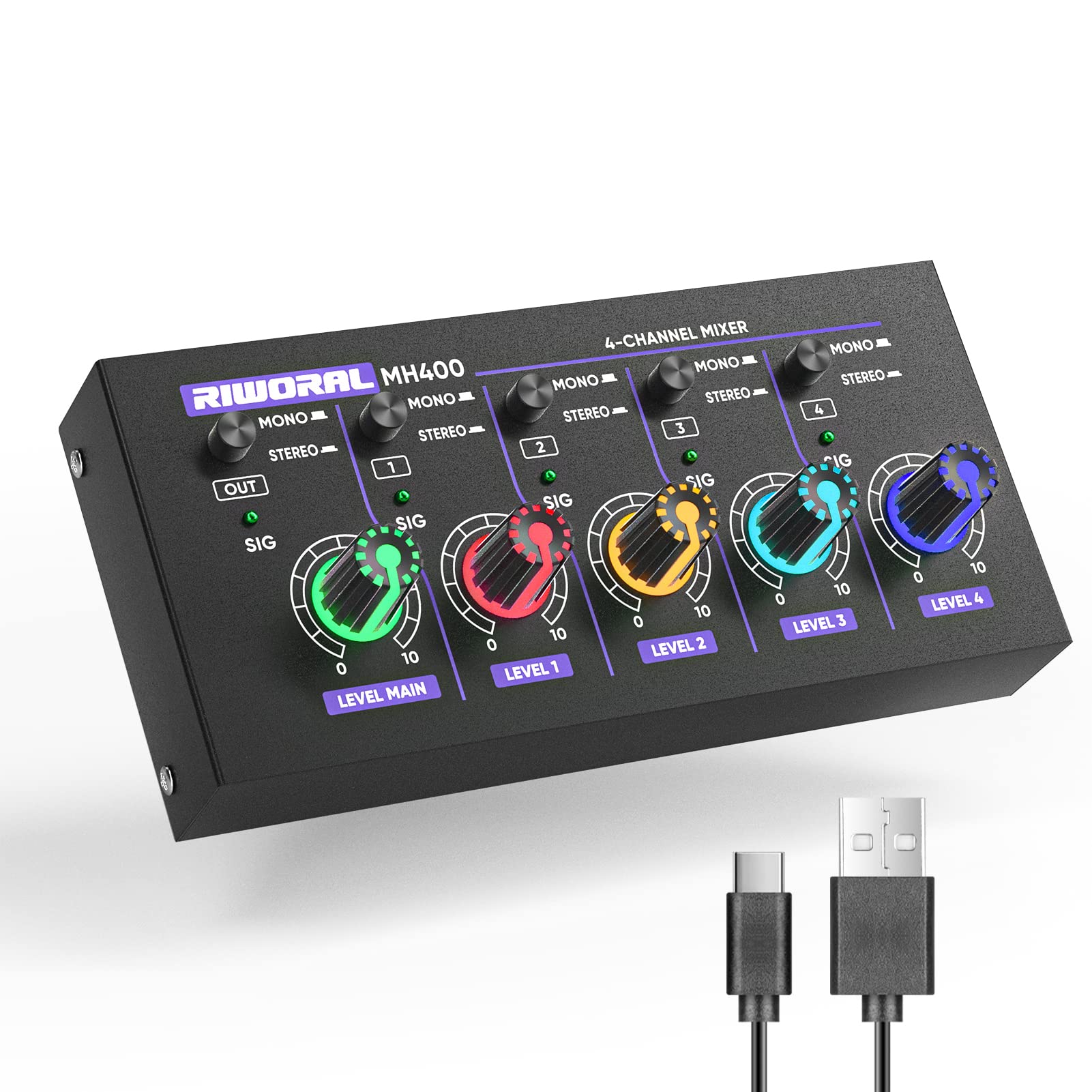 Mini Audio Mixer, Riworal Ultra Low Noise 4 Channel Mixer Audio Mono And Stereo Line Mixer For Stage Small Clubs Bar Mh400