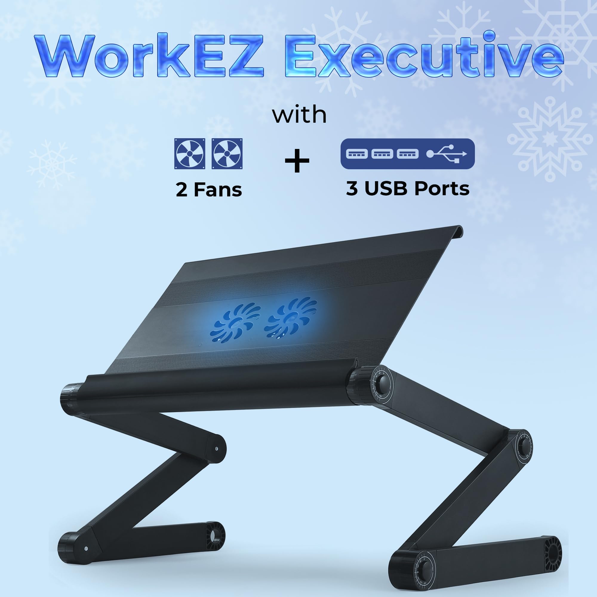 Workez Executive Adjustable Laptop Stand For Desk W/2 Fans & 3 Usb Ports, Ergonomic Foldable Laptop Holder Portable Computer Stand Laptop Riser, Black