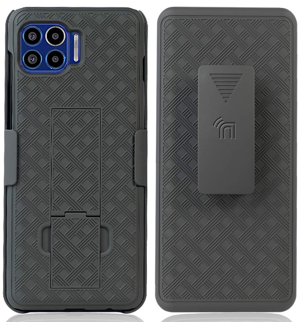 Case With Clip For Moto One 5G, Nakedcellphone [Black Tread] Kickstand Cover With [Rotating/Ratchet] Belt Hip Holster Combo For