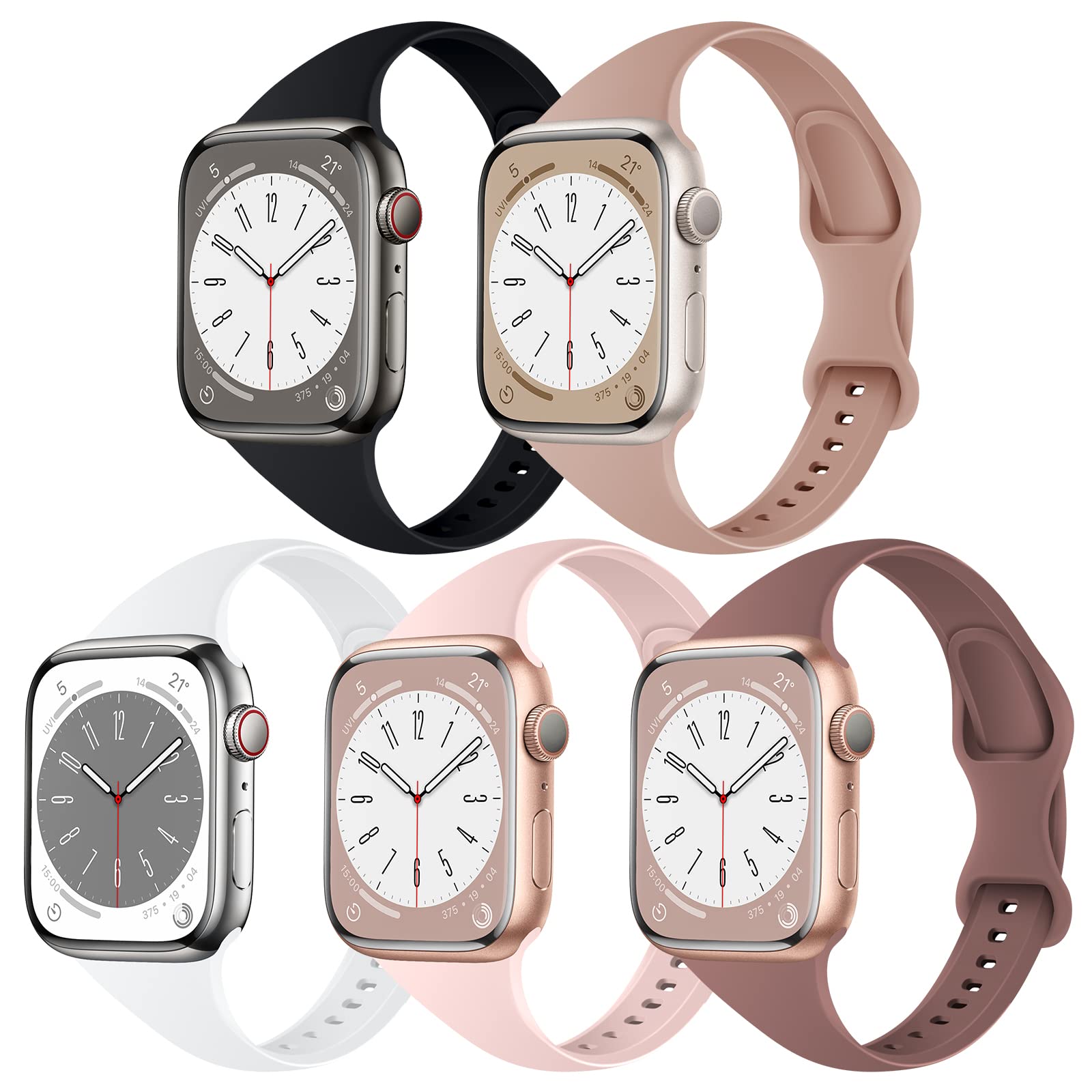 Tsaagan 5 Pack Silicone Slim Bands Compatible With Apple Watch Band 38Mm 42Mm 40Mm 44Mm 41Mm 45Mm 49Mm, Soft Narrow Sport Strap
