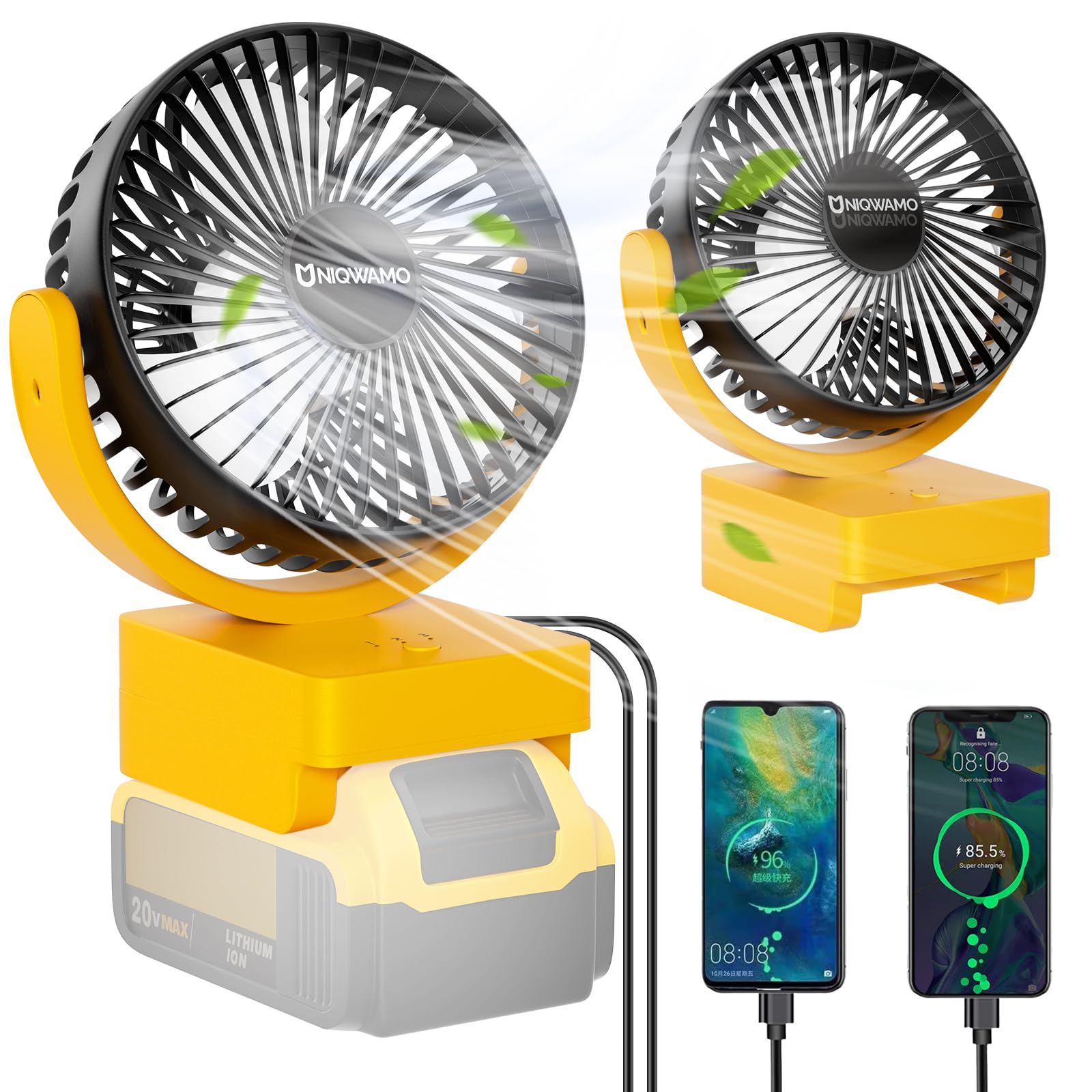Uniqwamo Jobsite Battery Operated Fan For Dewalt 20V/60V Max Dcb204 Dcb205 Dcb206 Dcb203 Dcb201 Dcb207 Dcb180 Dcb181 Lithium Ion