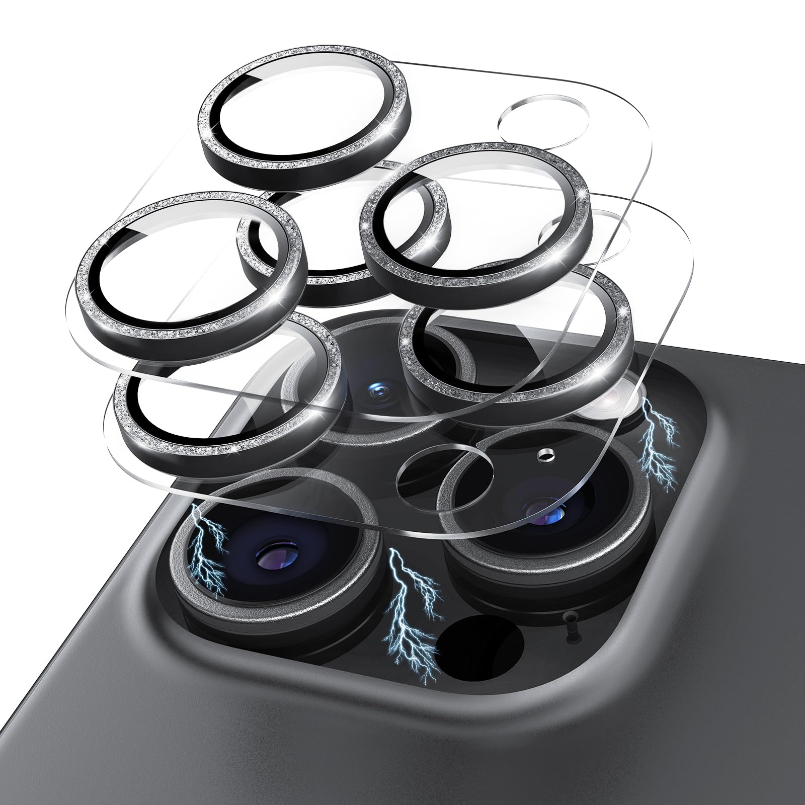 Kanosan For Iphone 16 Pro Max/Iphone 16 Pro/Iphone 14 Pro/Iphone 14 Pro Max Camera Lens Protector Glitter, Clear Acrylic Plus Al